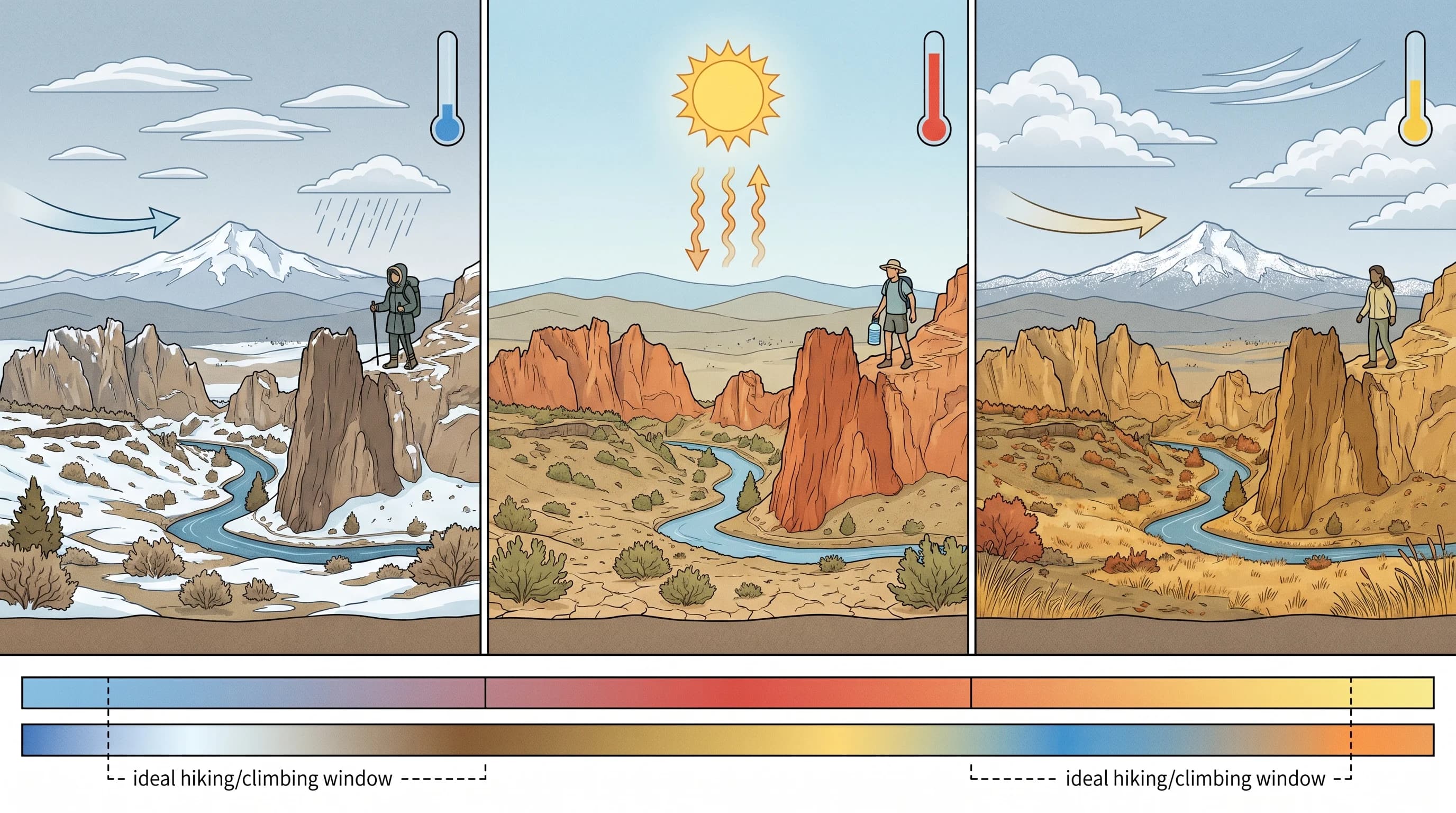 Smith Rock on a hot exposed summer afternoon versus an ideal cool spring morning, side by side