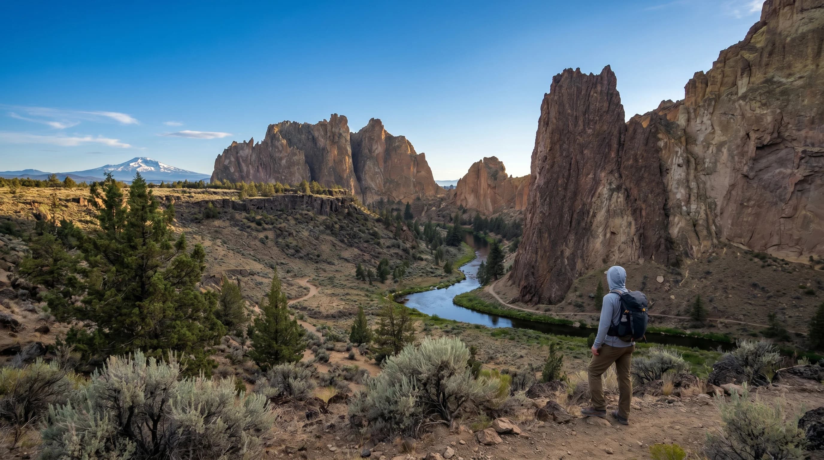 Smith Rock spires above the Crooked River under a clear high-desert sky with a hiker on Misery Ridge