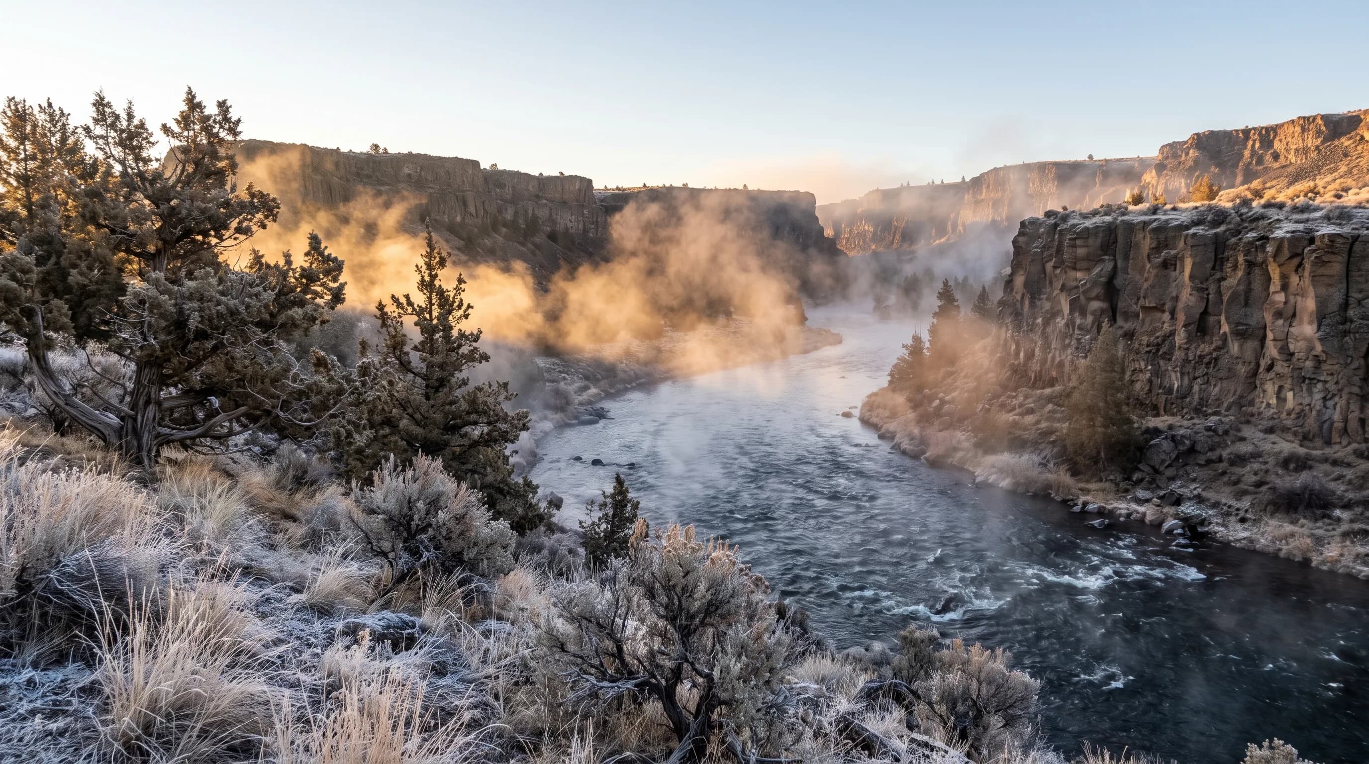 Thick steam fog rising from a dark river in a basalt canyon at a frigid sunrise, lit by low sunlight