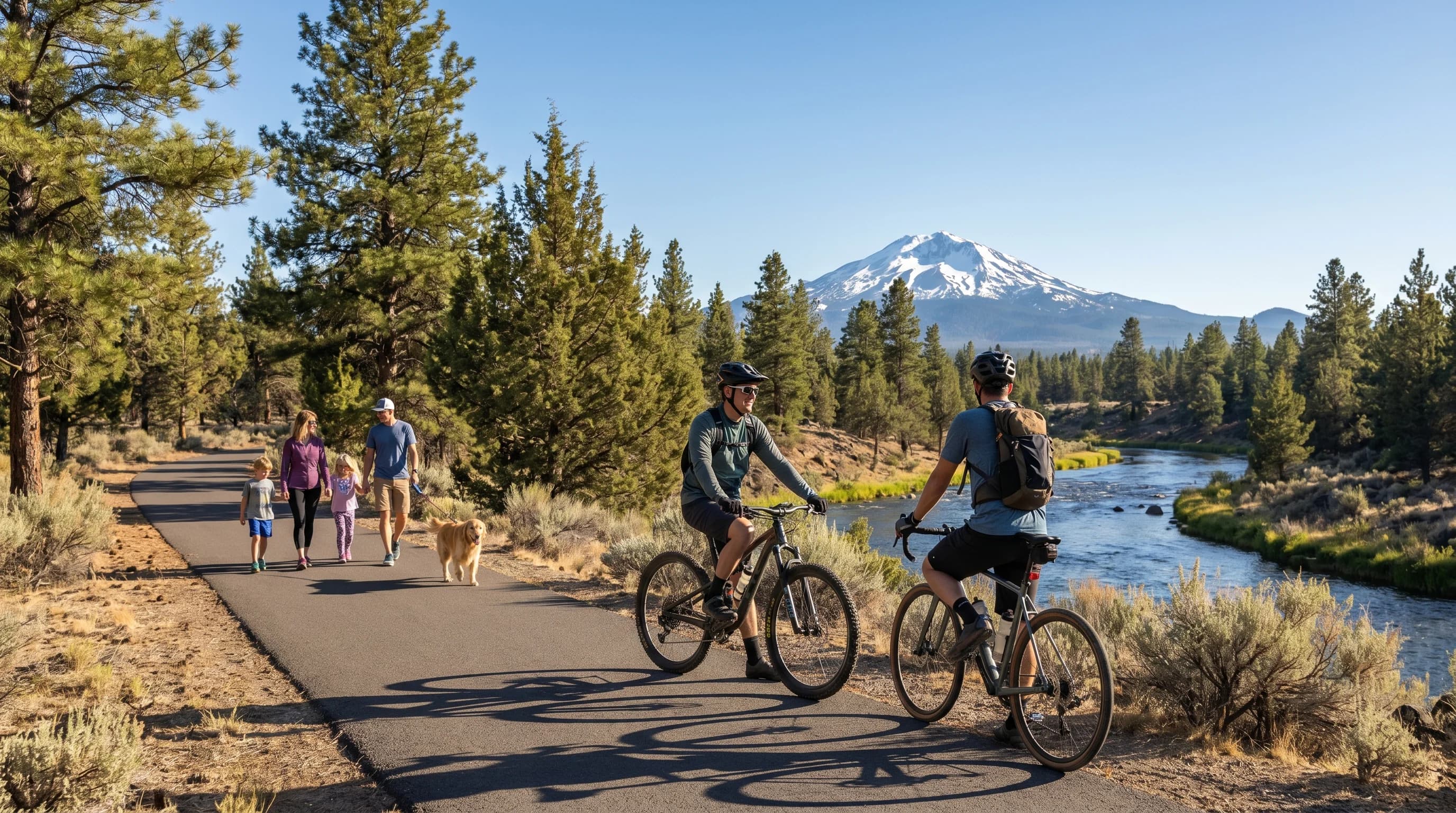 A Deschutes River bike path in Sunriver with pines and Mt. Bachelor in the distance on a sunny day