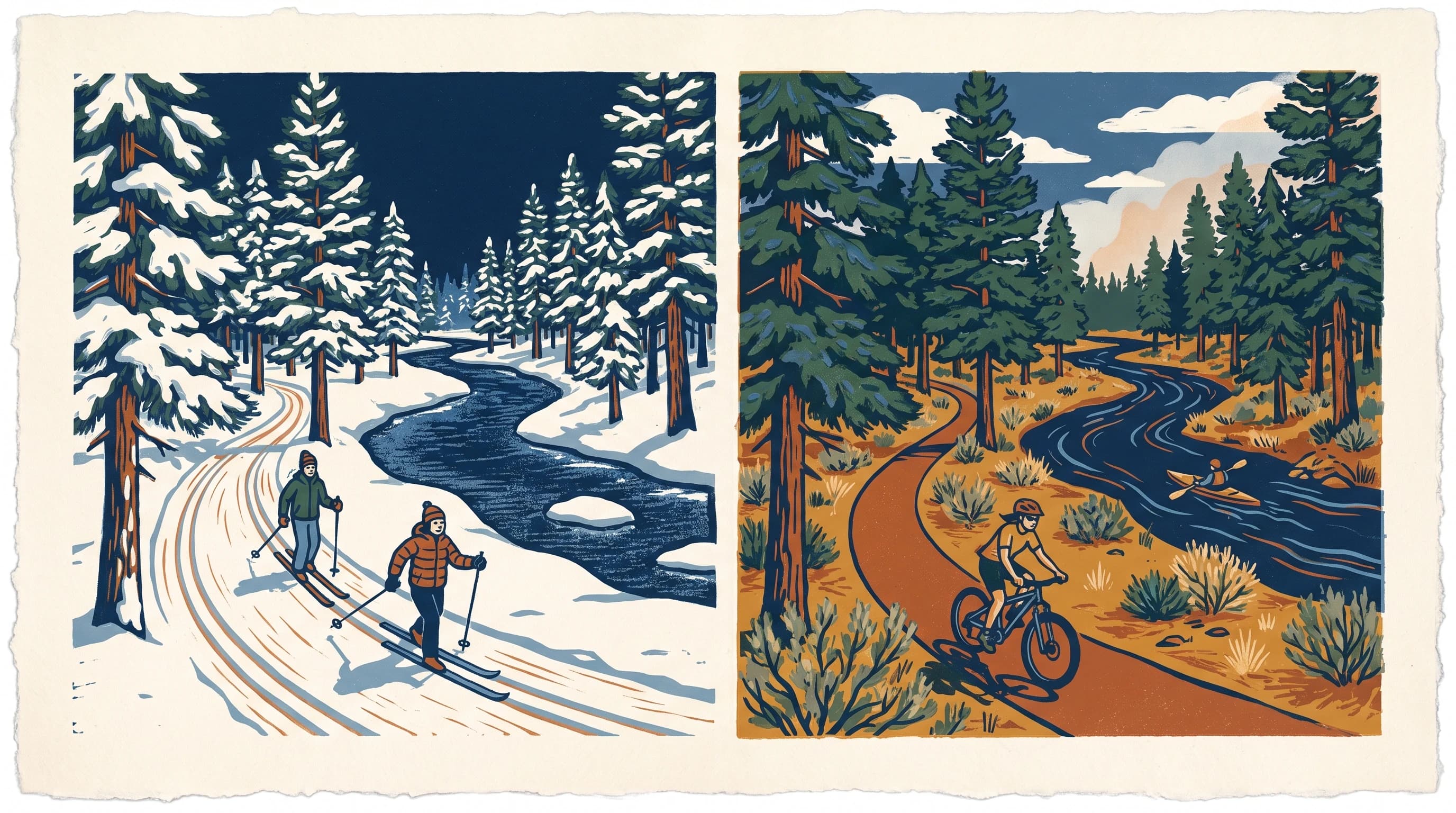 Comparison of Sunriver in winter snow versus summer river recreation