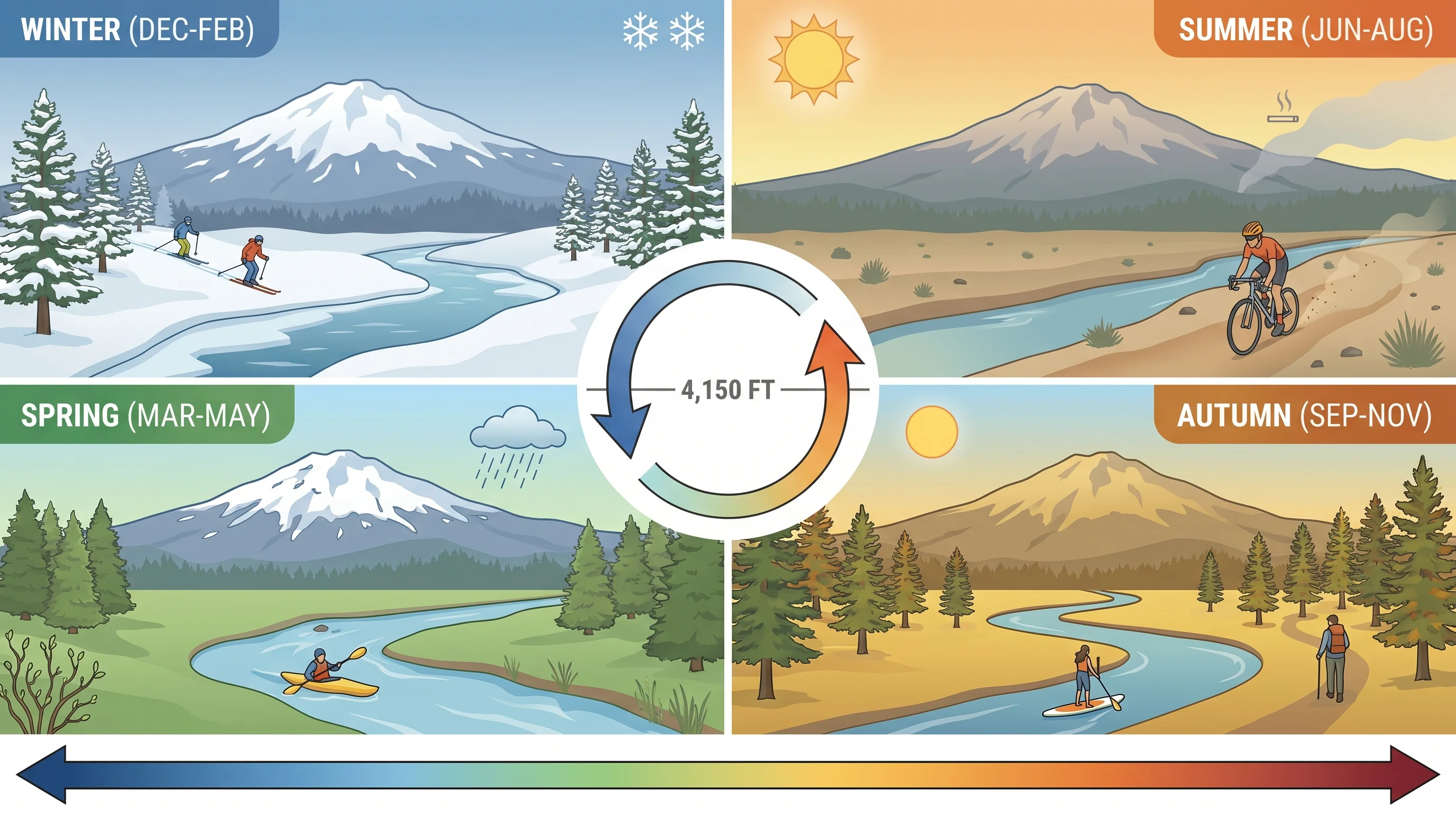 Comparison of Sunriver in winter snow versus summer river recreation
