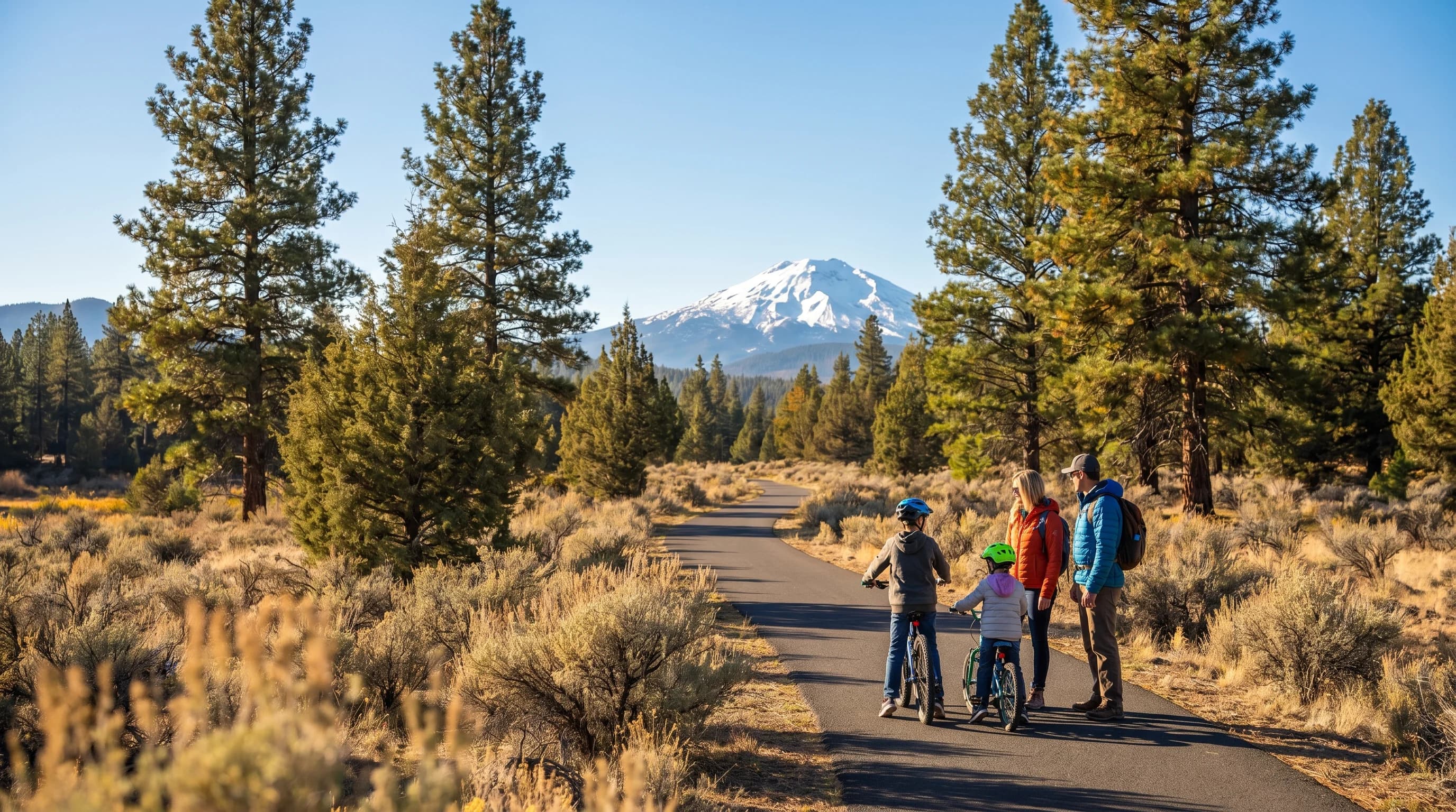 A Deschutes River bike path in Sunriver with pines and Mt. Bachelor in the distance on a sunny day