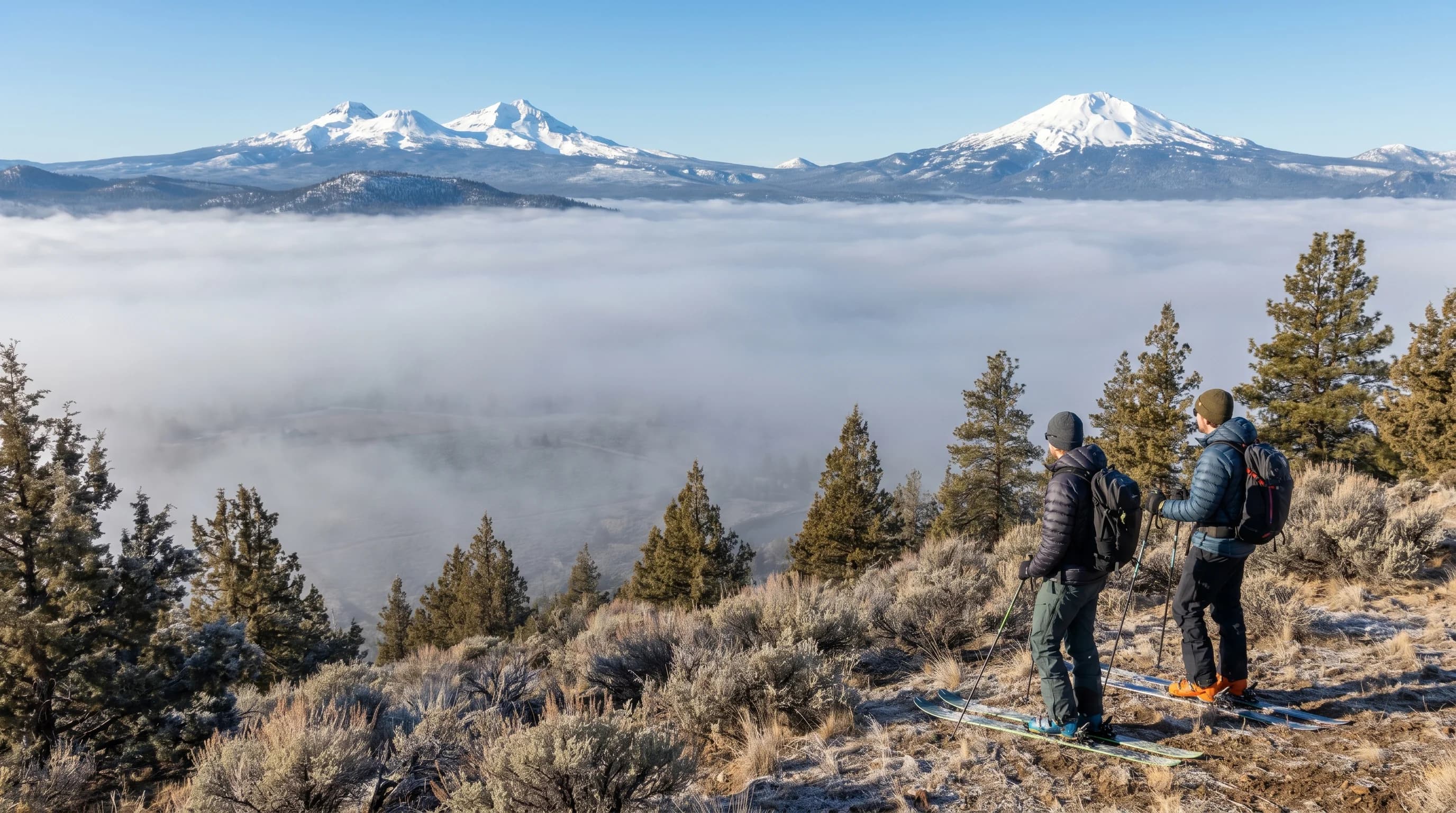 A Central Oregon valley filled with fog and haze under clear skies, with sunny mountains above