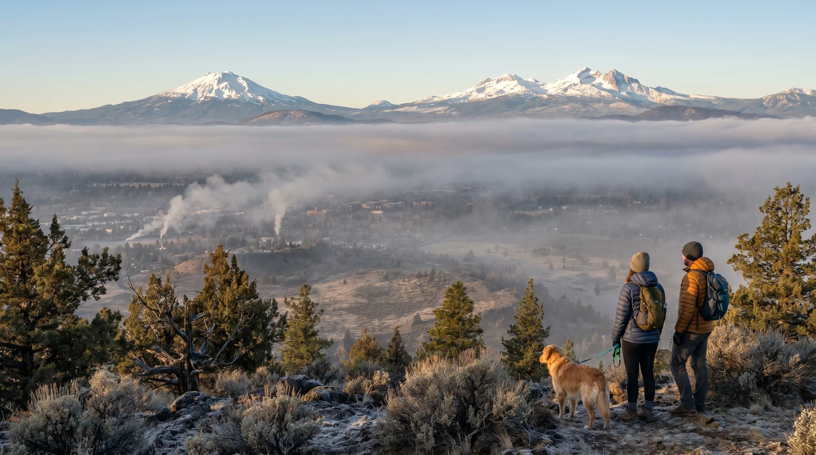 A Central Oregon valley filled with fog and haze under clear skies, with sunny mountains above