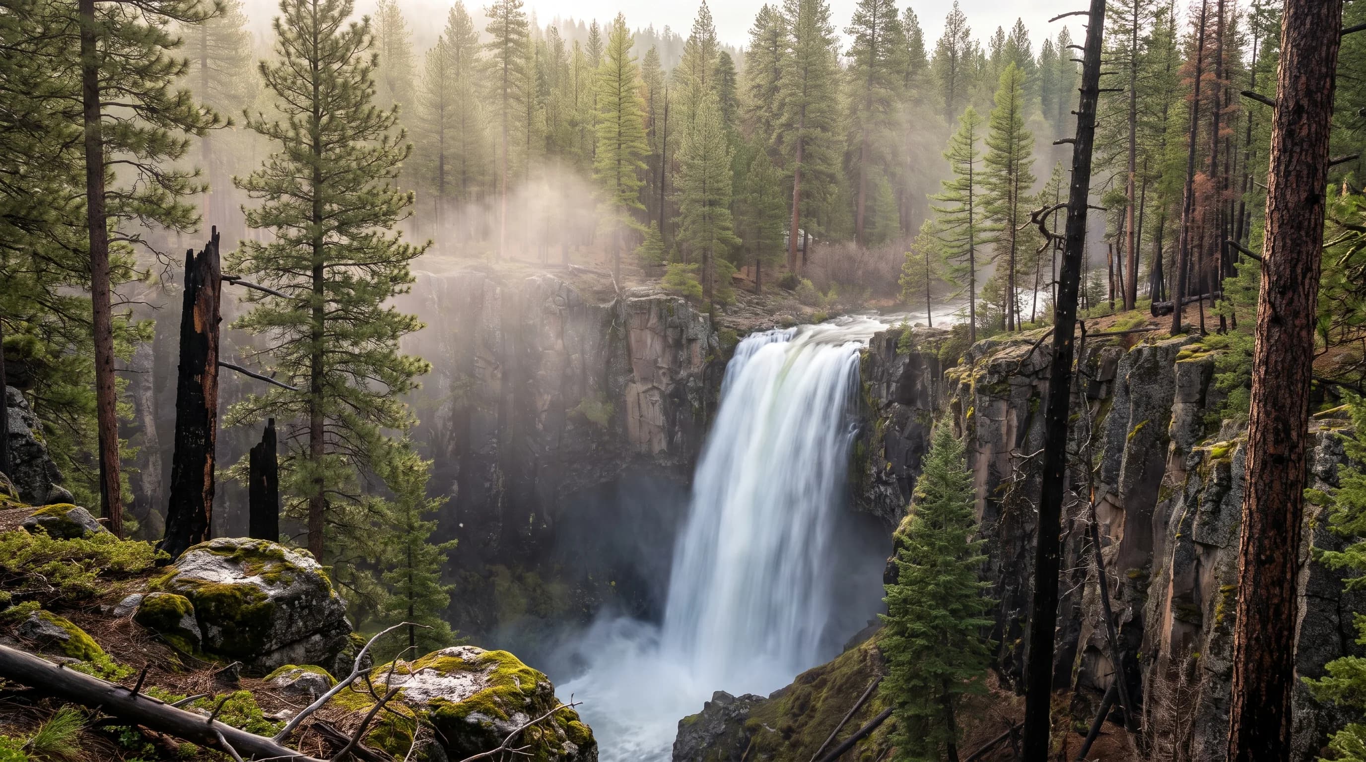 A tall waterfall at high spring flow pouring into a forested canyon with mist rising