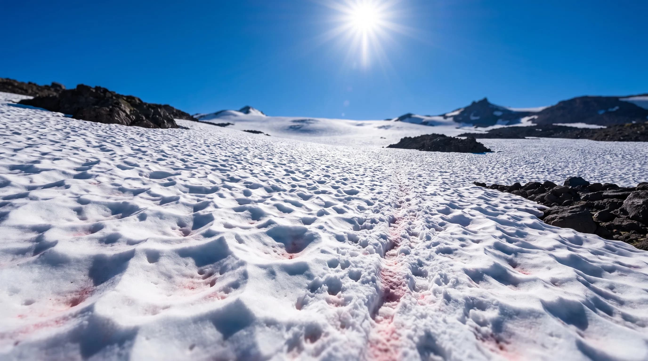 Pink-tinted watermelon snow in the hollows of a sun-cupped summer snowfield beside volcanic rock