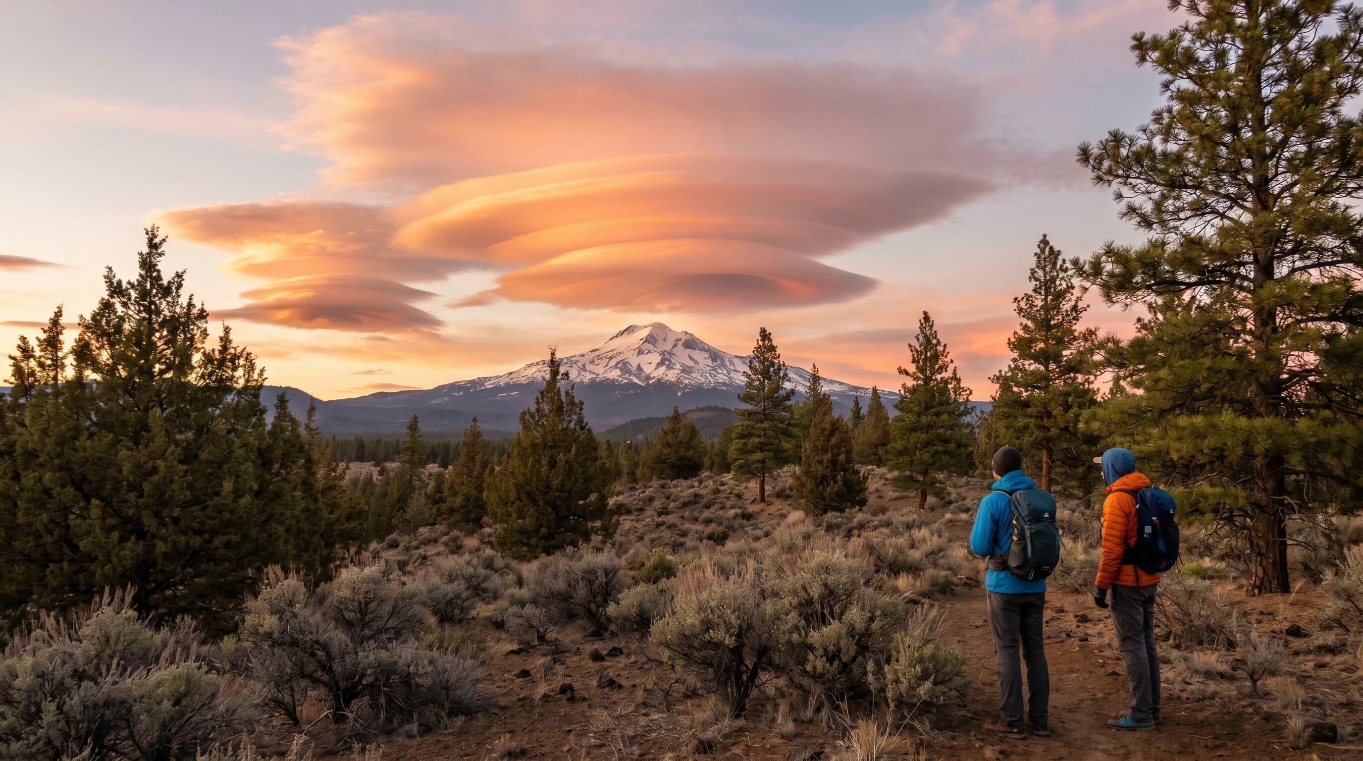 Stacked lens-shaped lenticular clouds glowing at sunset over a Cascade peak above the Central Oregon high desert
