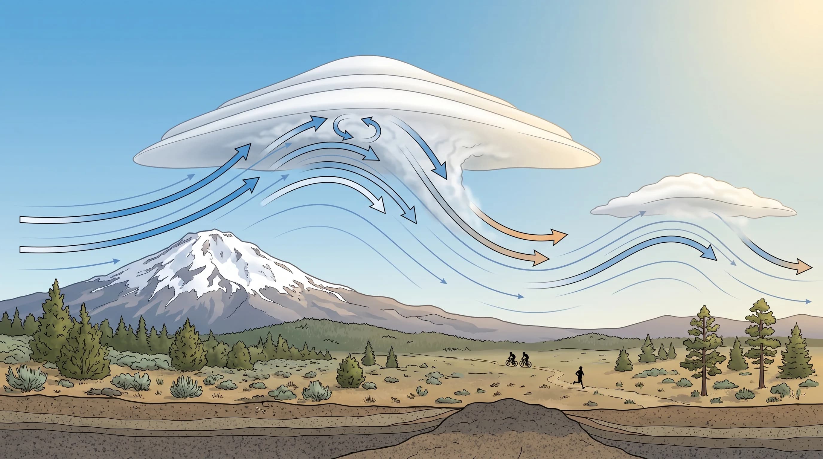 Diagram of a lenticular cloud forming at the crest of a mountain wave as air rises and condenses, then evaporates downwind