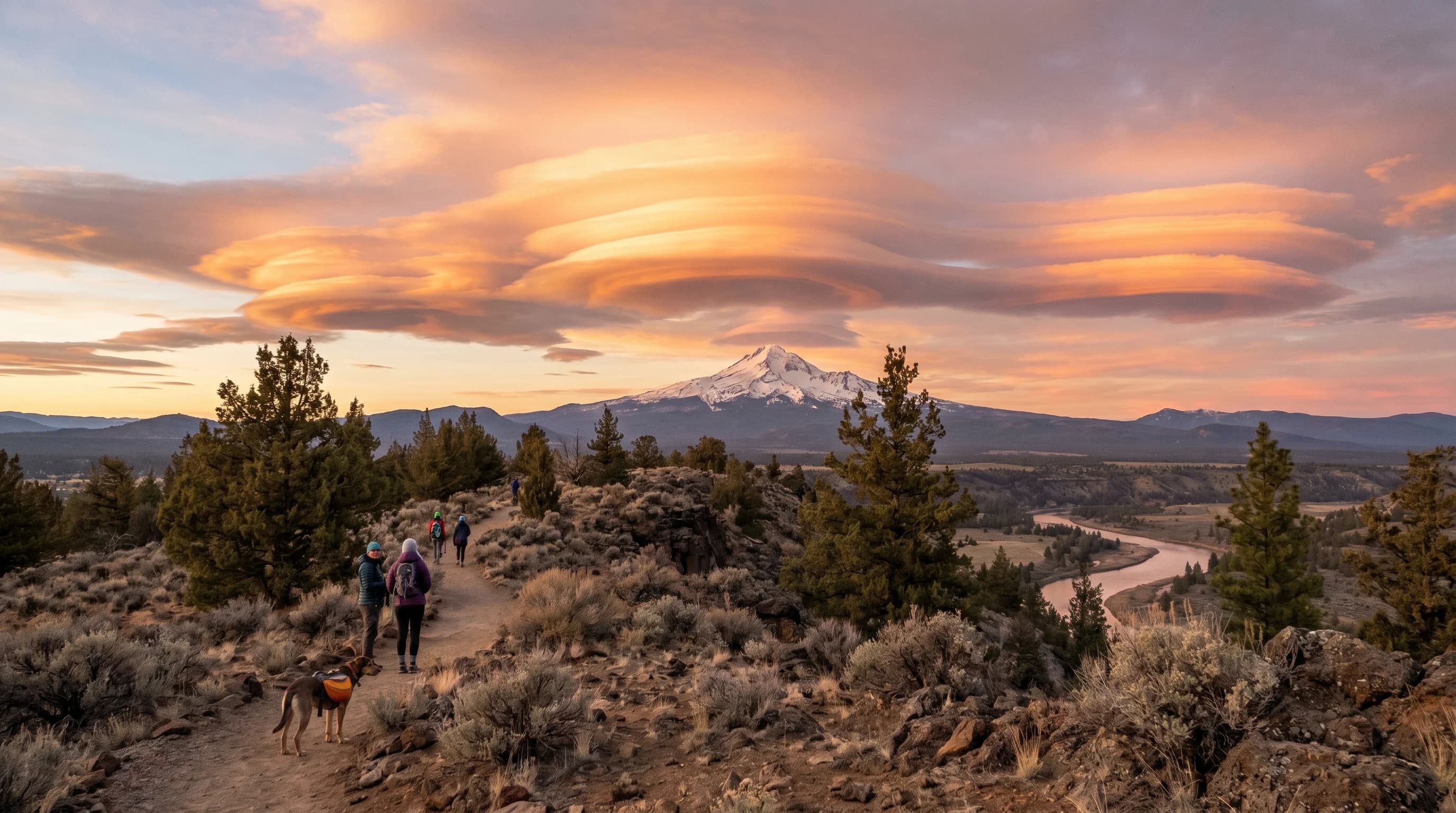 Stacked lens-shaped lenticular clouds glowing at sunset over a Cascade peak above the Central Oregon high desert