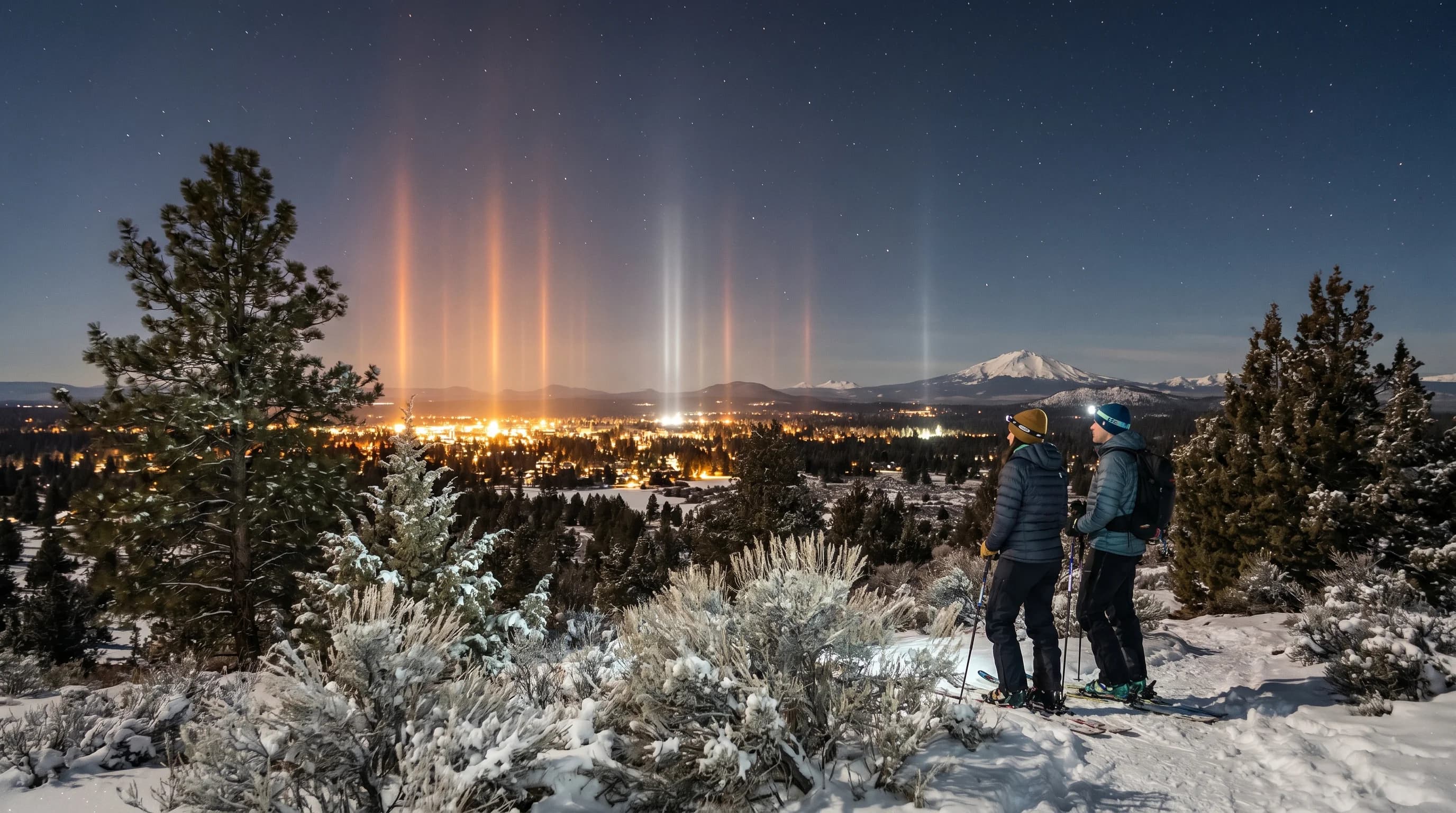 Vertical light pillars rising above town lights on a frigid clear night over the snowy high desert