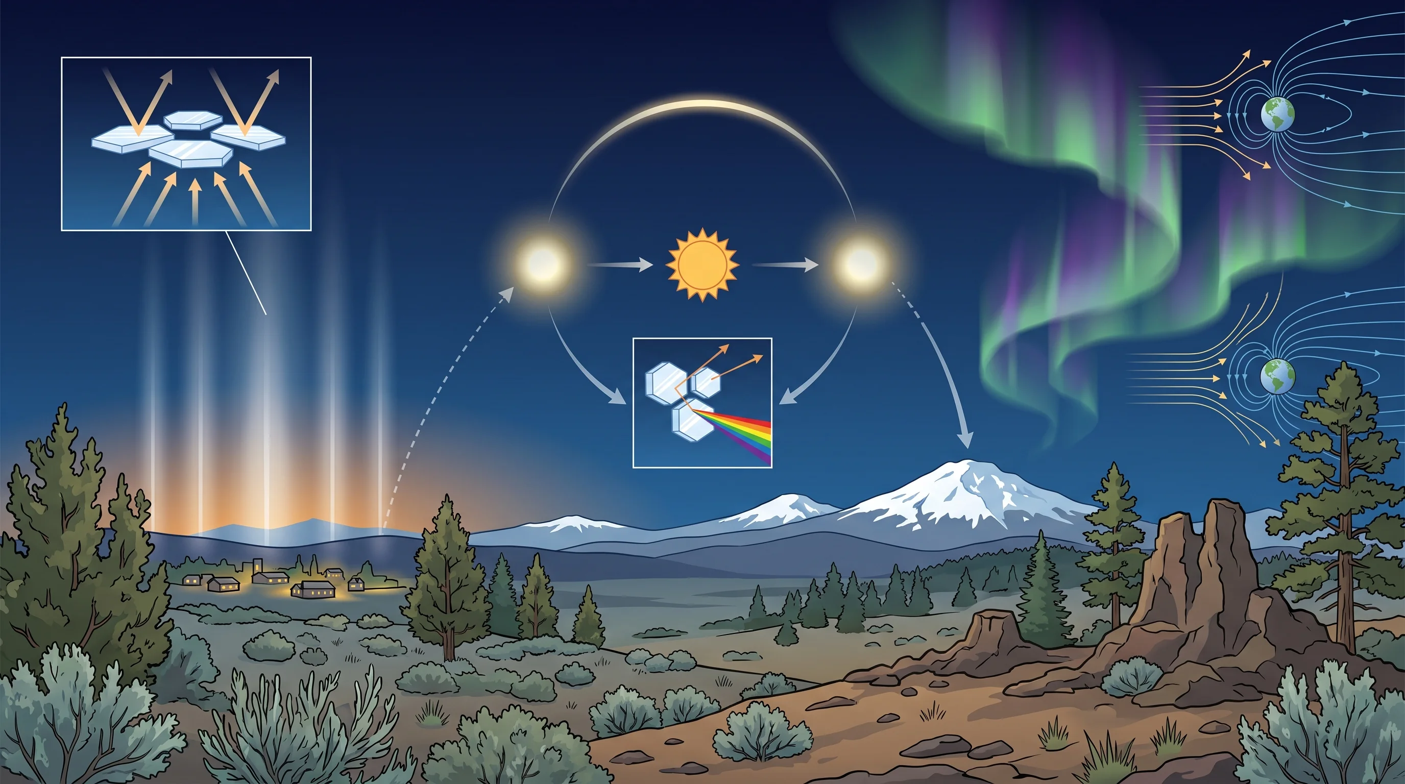 Diagram comparing a light pillar, a sun dog, and an aurora, showing the cause of each