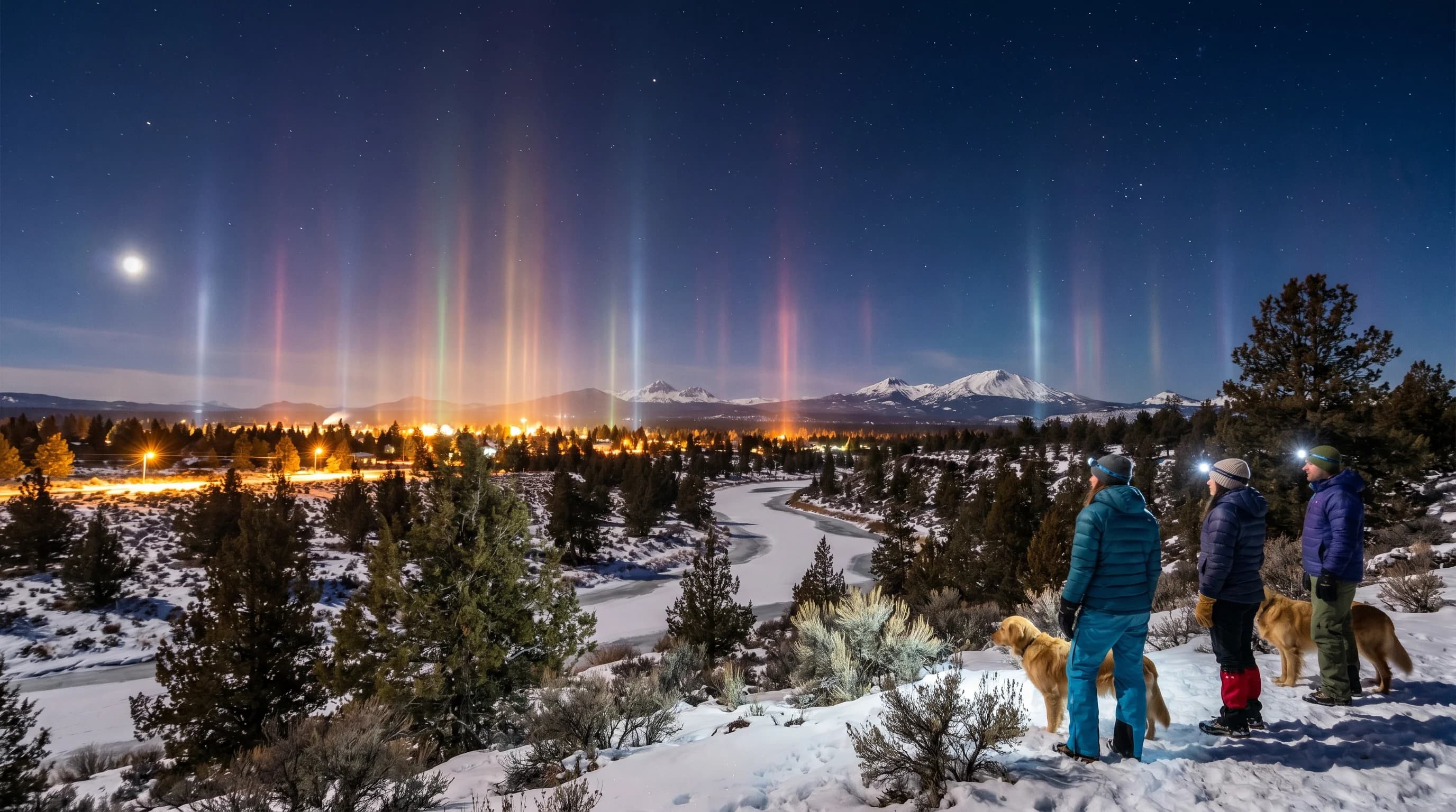 Vertical light pillars rising above town lights on a frigid clear night over the snowy high desert
