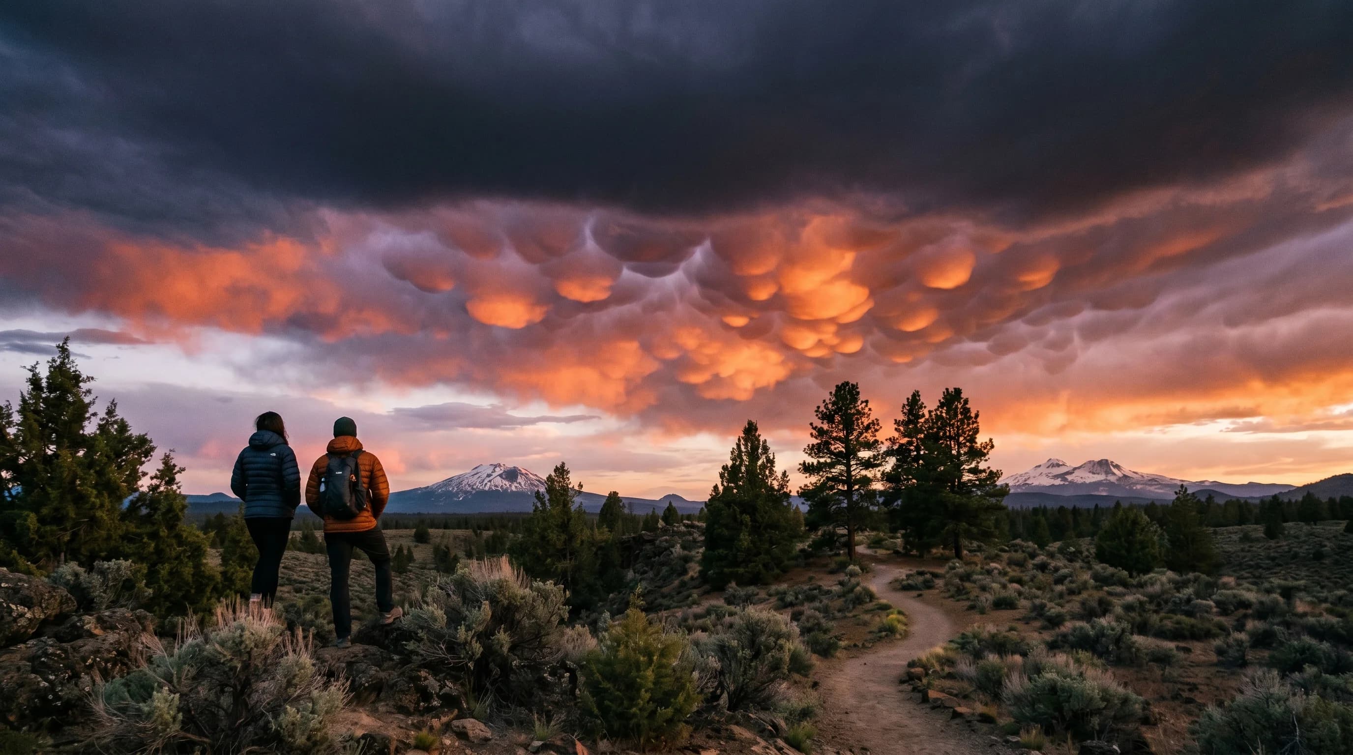 Pouch-like mammatus clouds glowing at sunset over the Central Oregon high desert after a thunderstorm