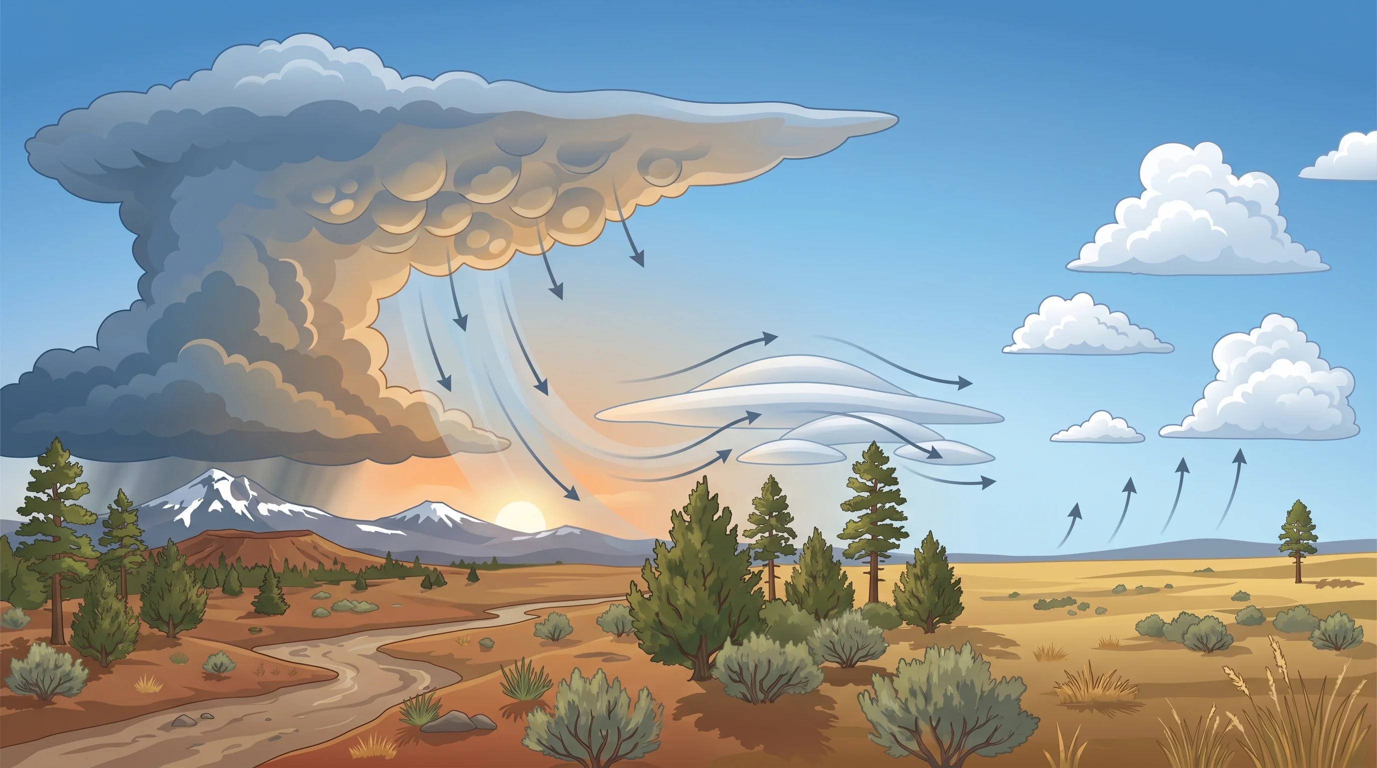 Diagram comparing mammatus clouds, lenticular clouds, and ordinary cumulus clouds