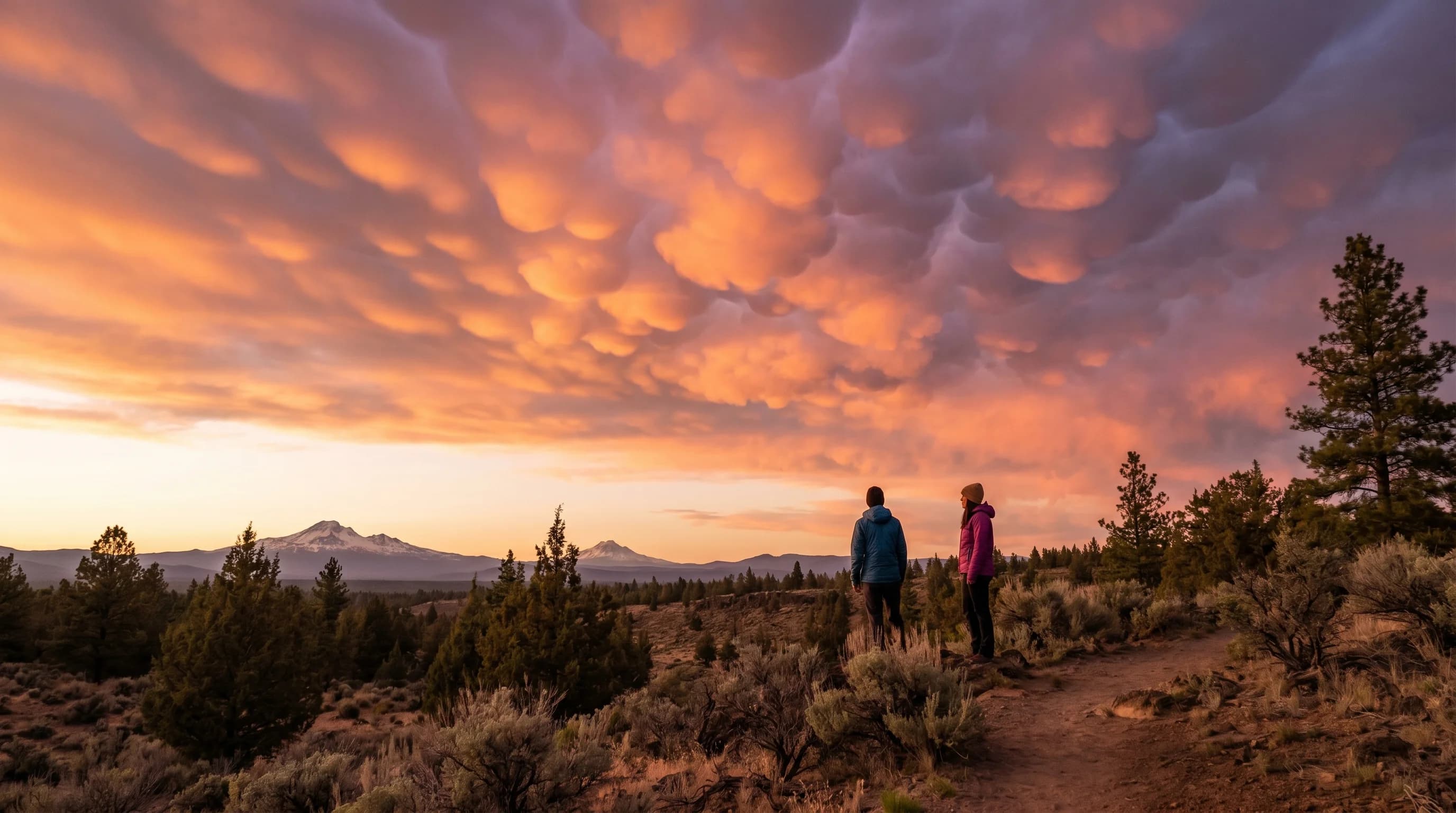 Pouch-like mammatus clouds glowing at sunset over the Central Oregon high desert after a thunderstorm