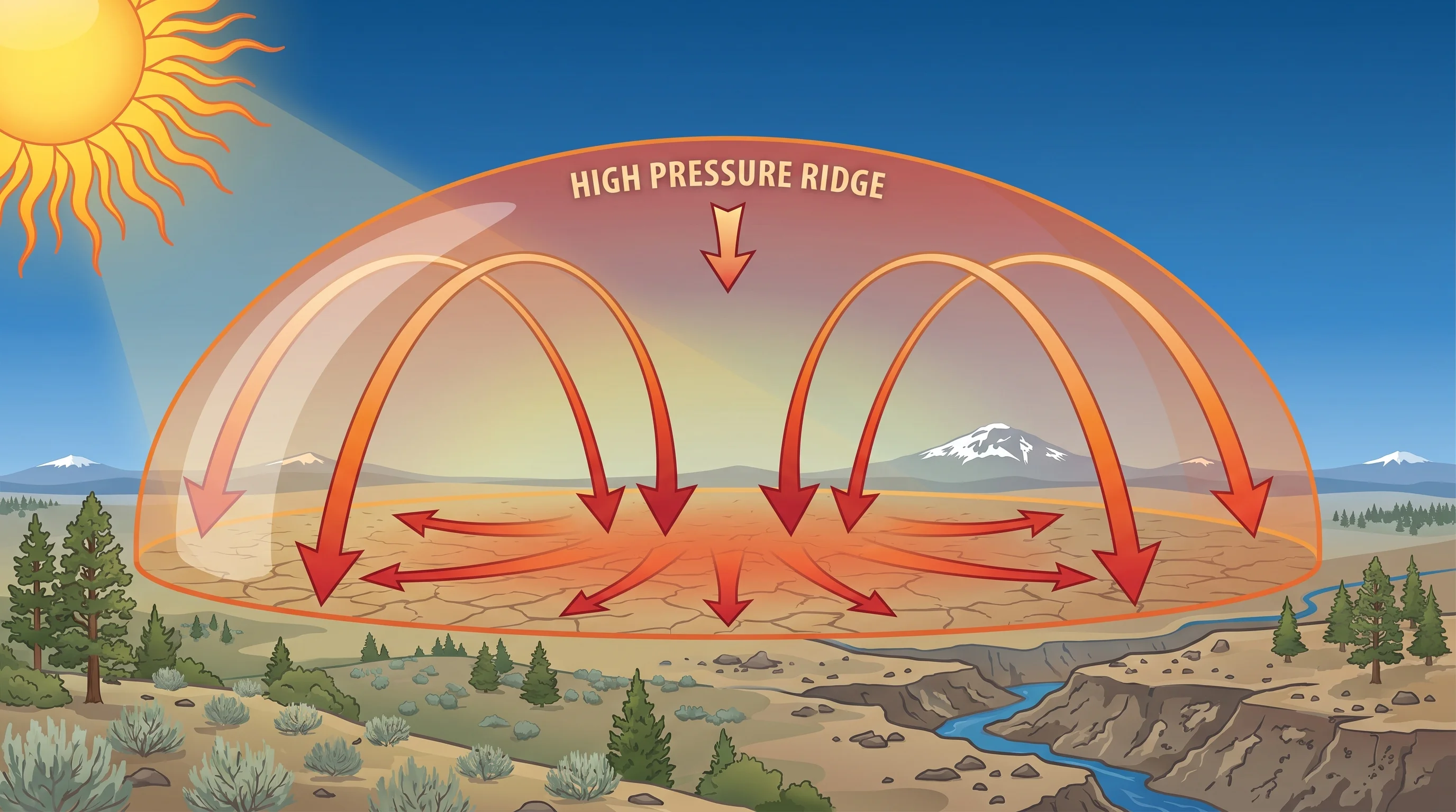 Diagram of a heat dome with a high-pressure ridge trapping sinking, warming air over a region under clear skies