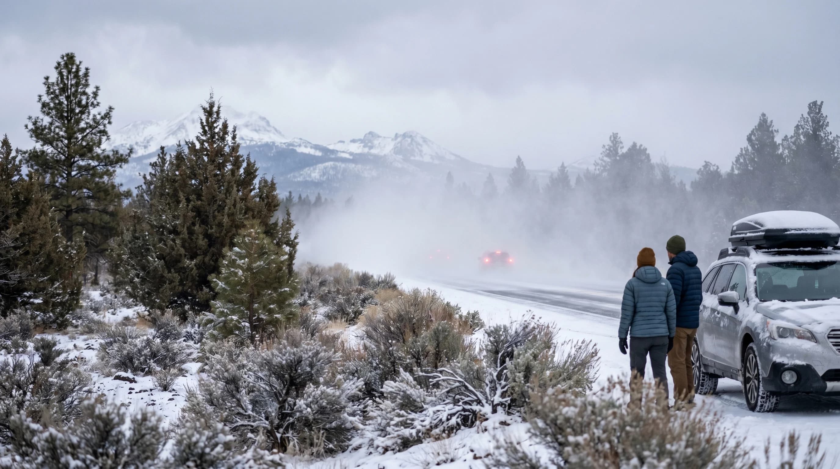 A Central Oregon mountain highway swallowed by a sudden snow squall whiteout with brake lights barely visible