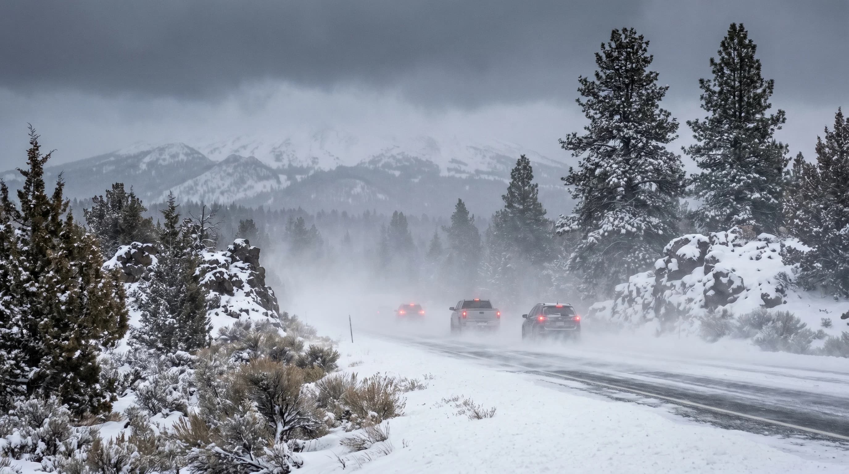 A Central Oregon mountain highway swallowed by a sudden snow squall whiteout with brake lights barely visible