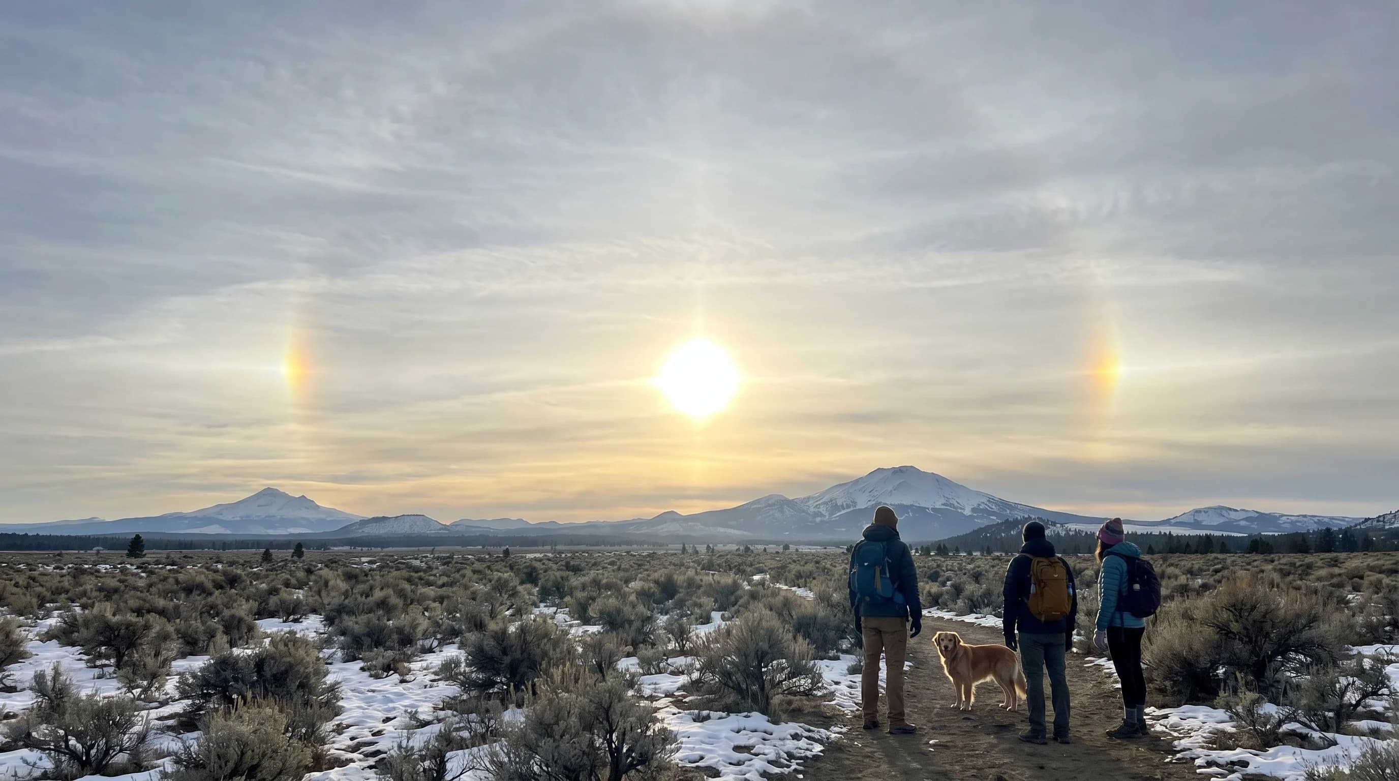 Two bright rainbow-tinted sun dogs flanking a low winter sun over the Central Oregon high desert