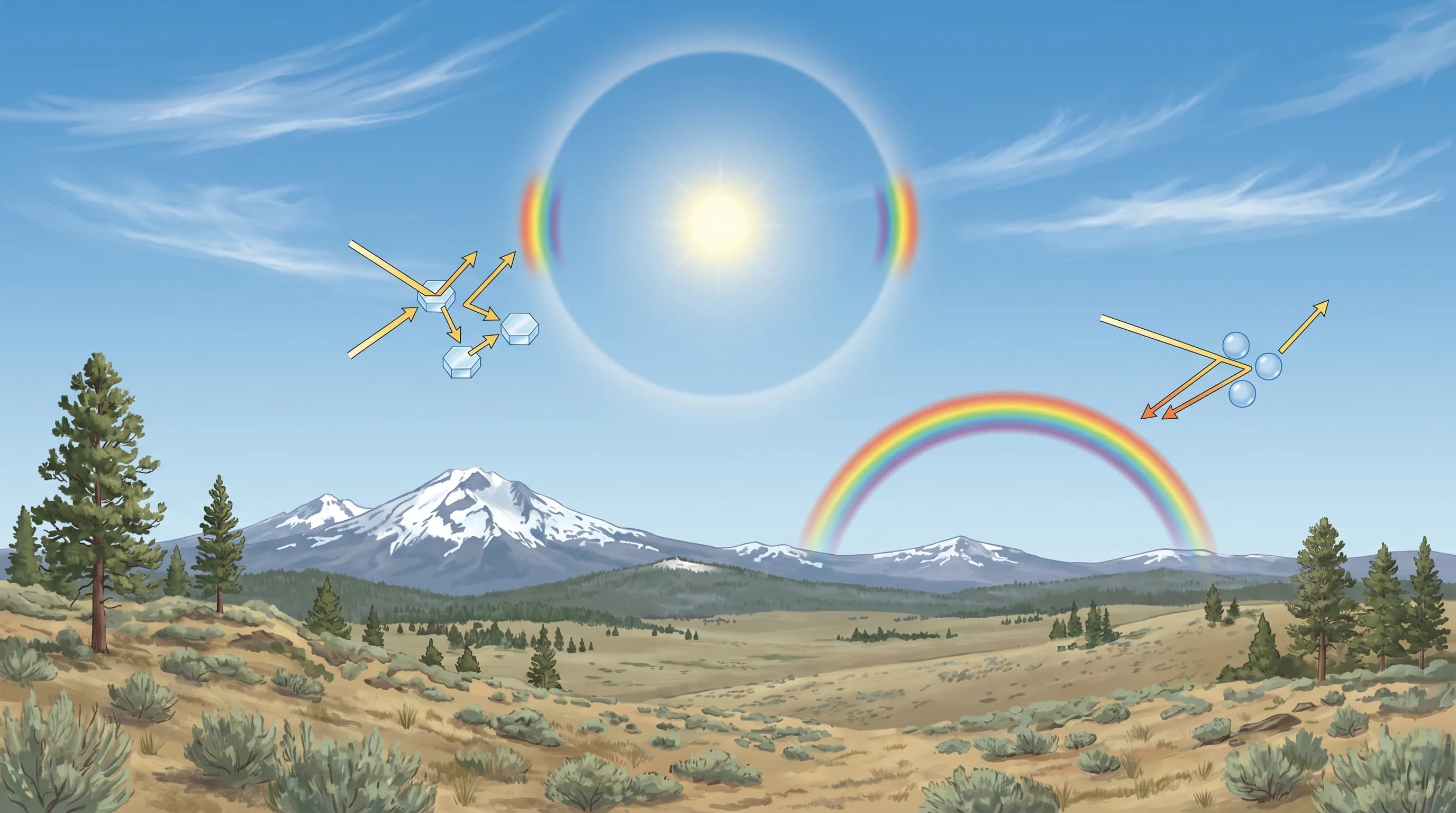 Diagram comparing a sun dog, a sun halo, and a rainbow, showing where each appears relative to the sun