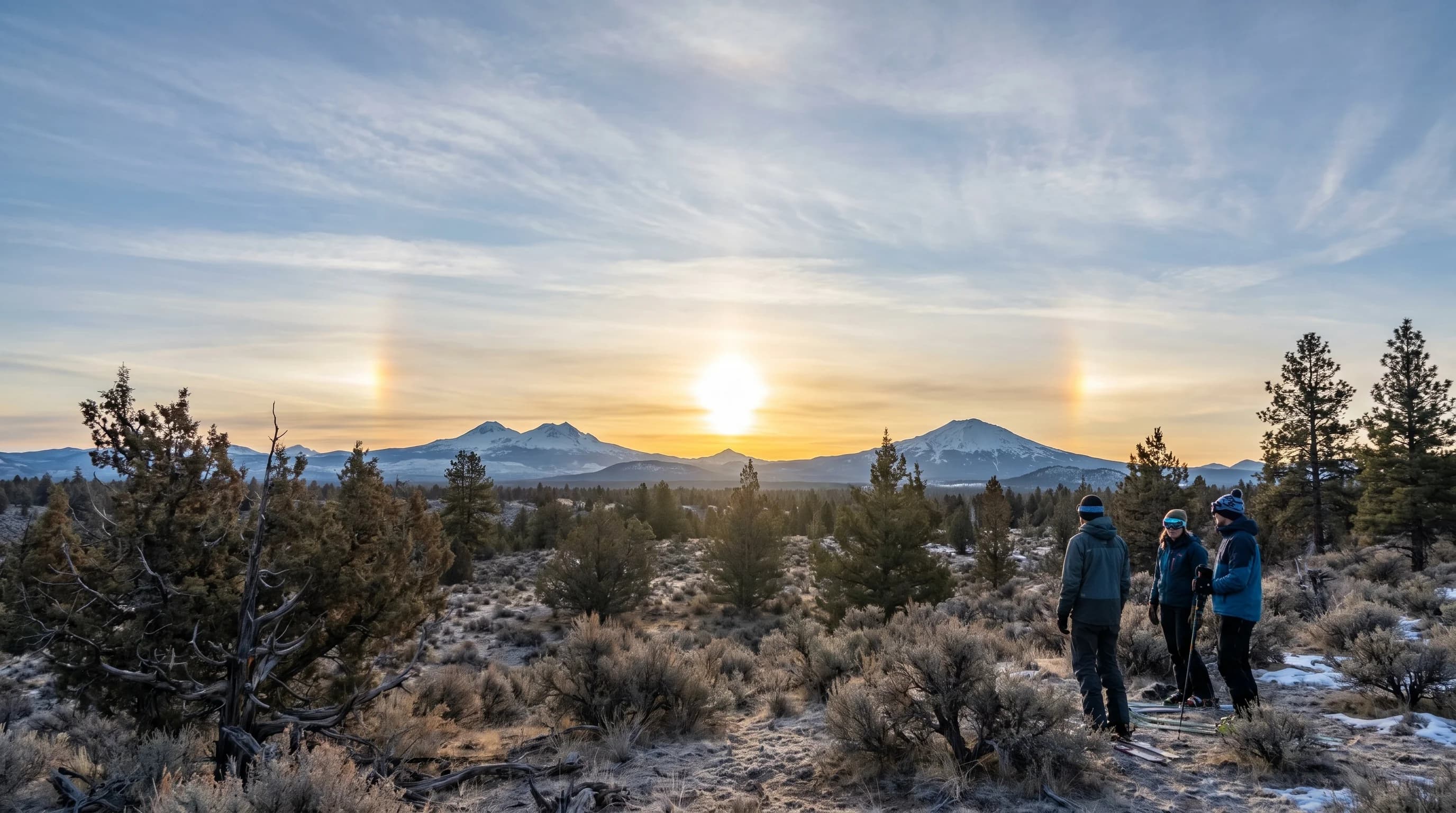 Two bright rainbow-tinted sun dogs flanking a low winter sun over the Central Oregon high desert