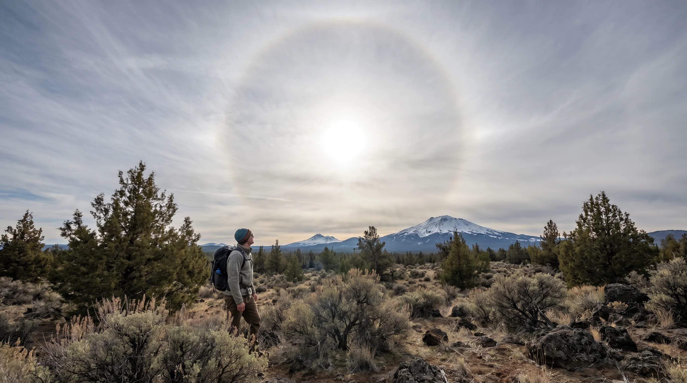 A bright 22-degree halo ringing the sun in a cirrus sky over the Central Oregon high desert