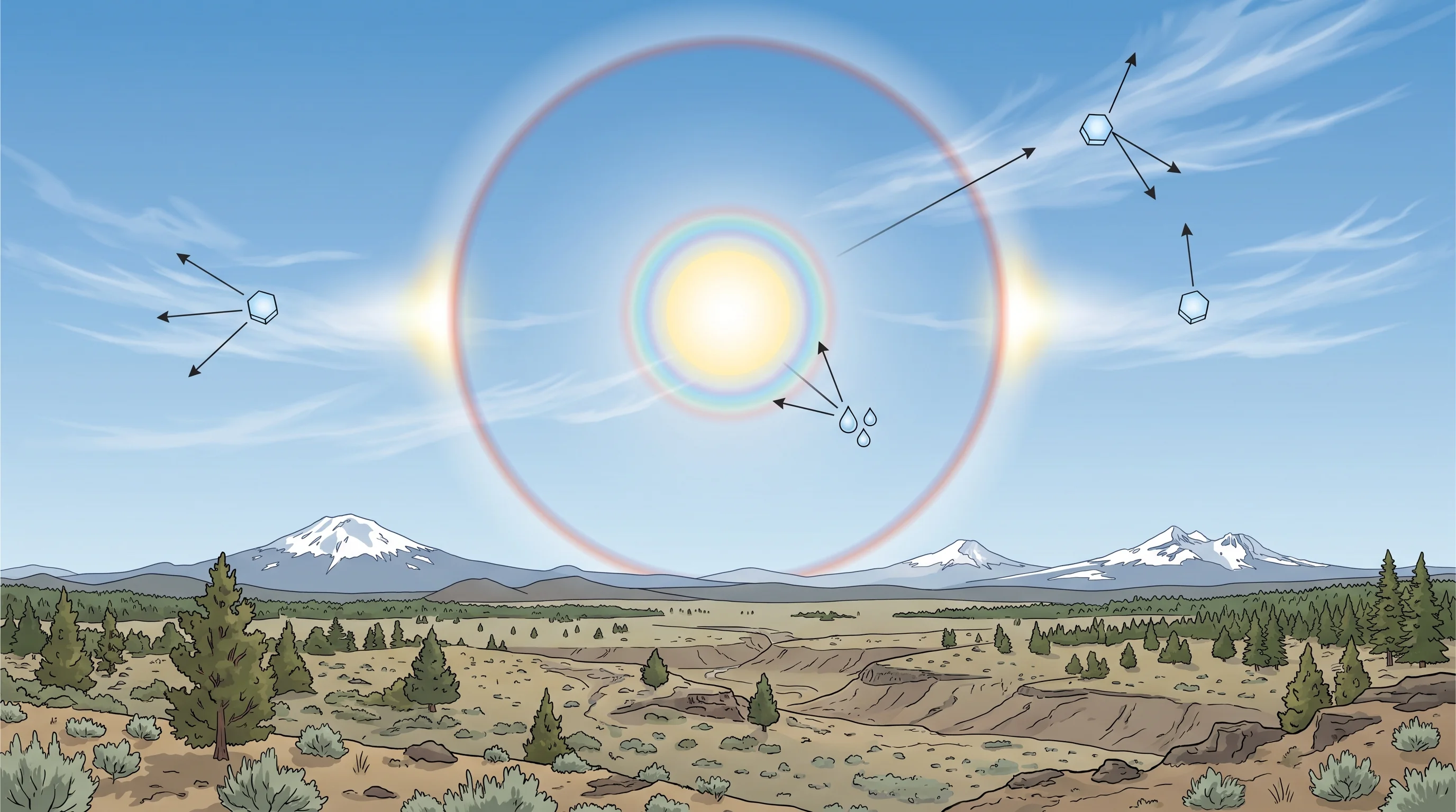 Diagram comparing a sun halo, a sun dog, and a corona, showing where each appears relative to the sun