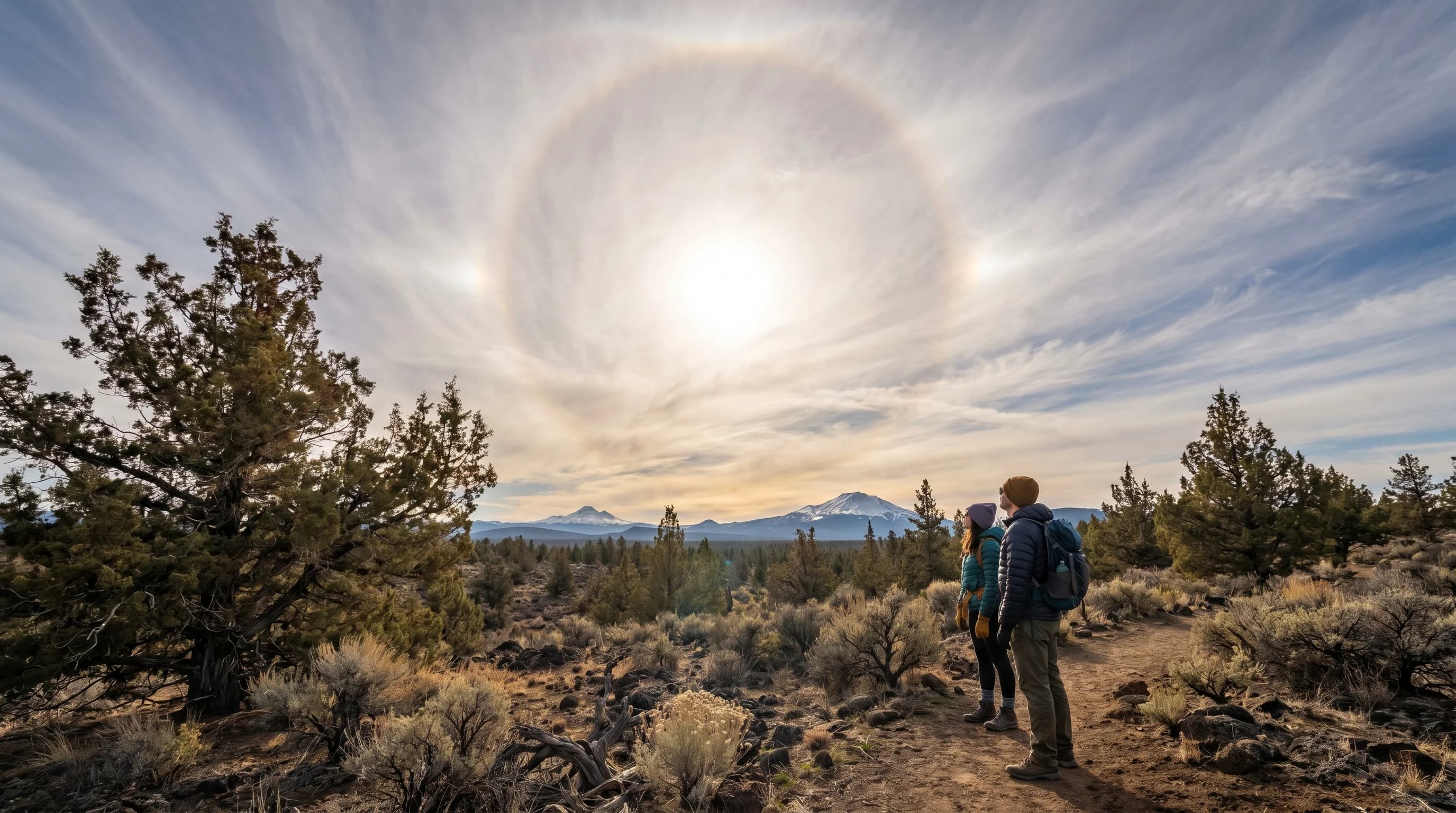 A bright 22-degree halo ringing the sun in a cirrus sky over the Central Oregon high desert