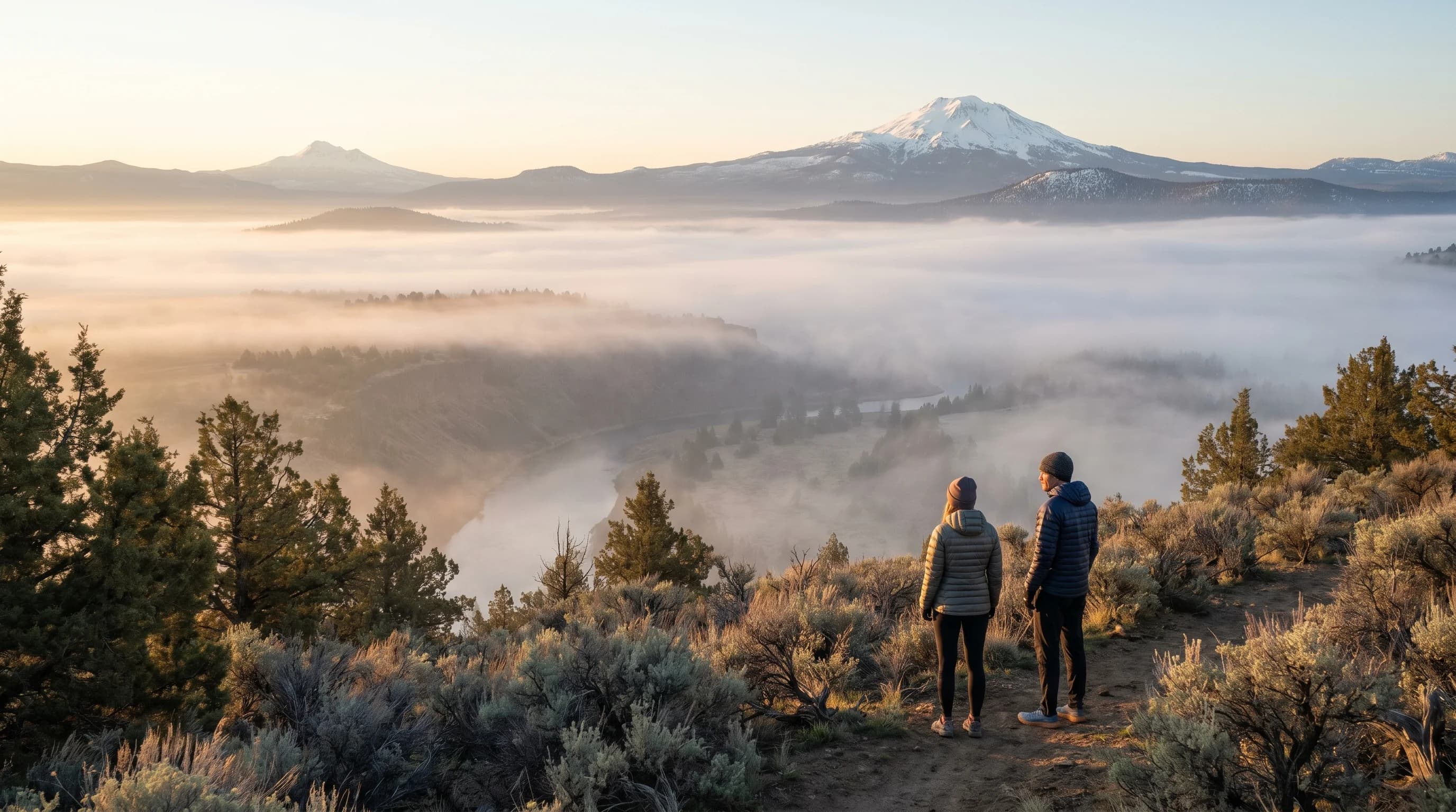 A valley filled with trapped fog and haze beneath a temperature inversion, with clear sunlit ridges above