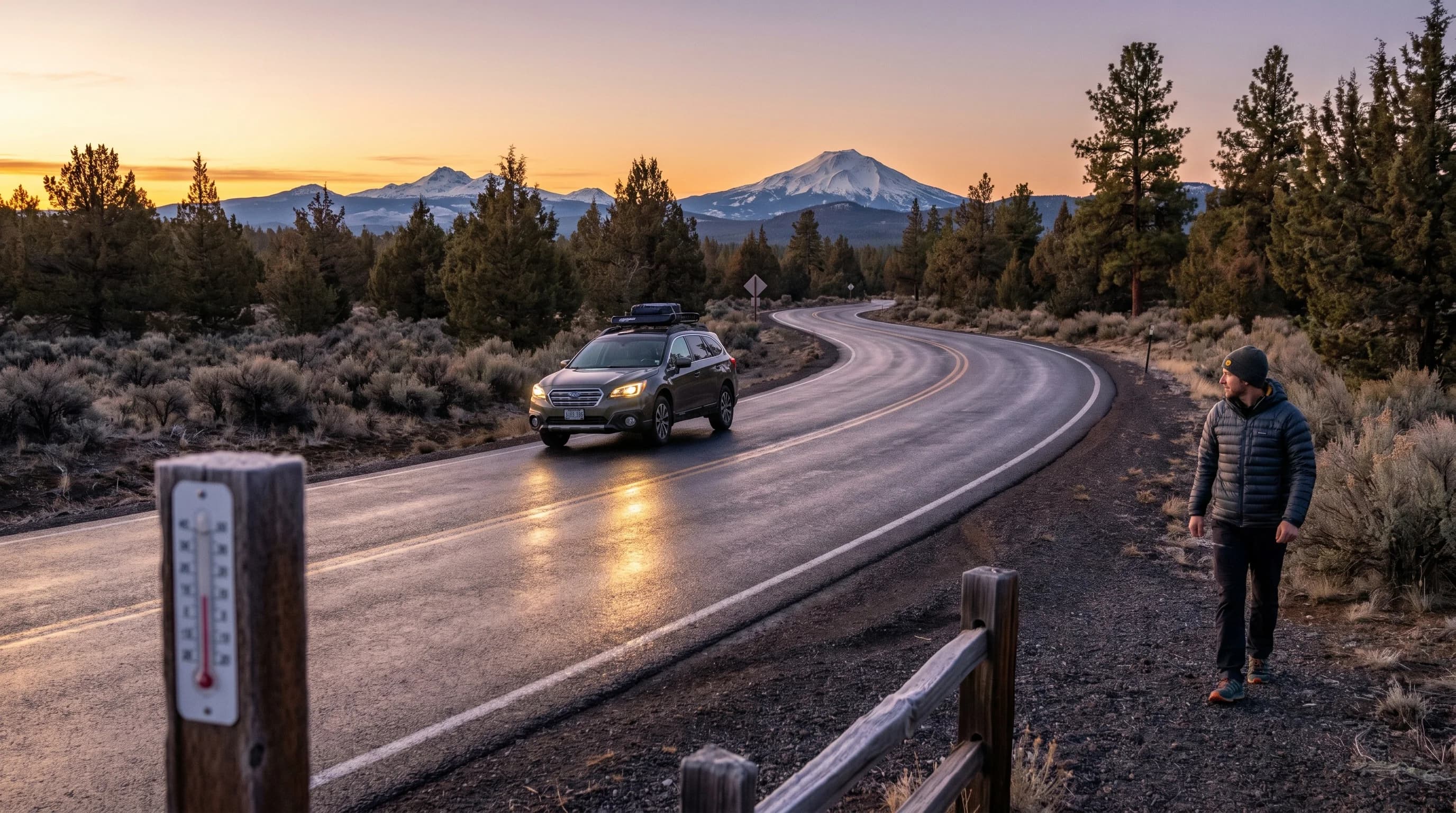 A wet-looking Central Oregon road at dawn that is actually glazed with invisible black ice, low sun glinting off the smooth surface