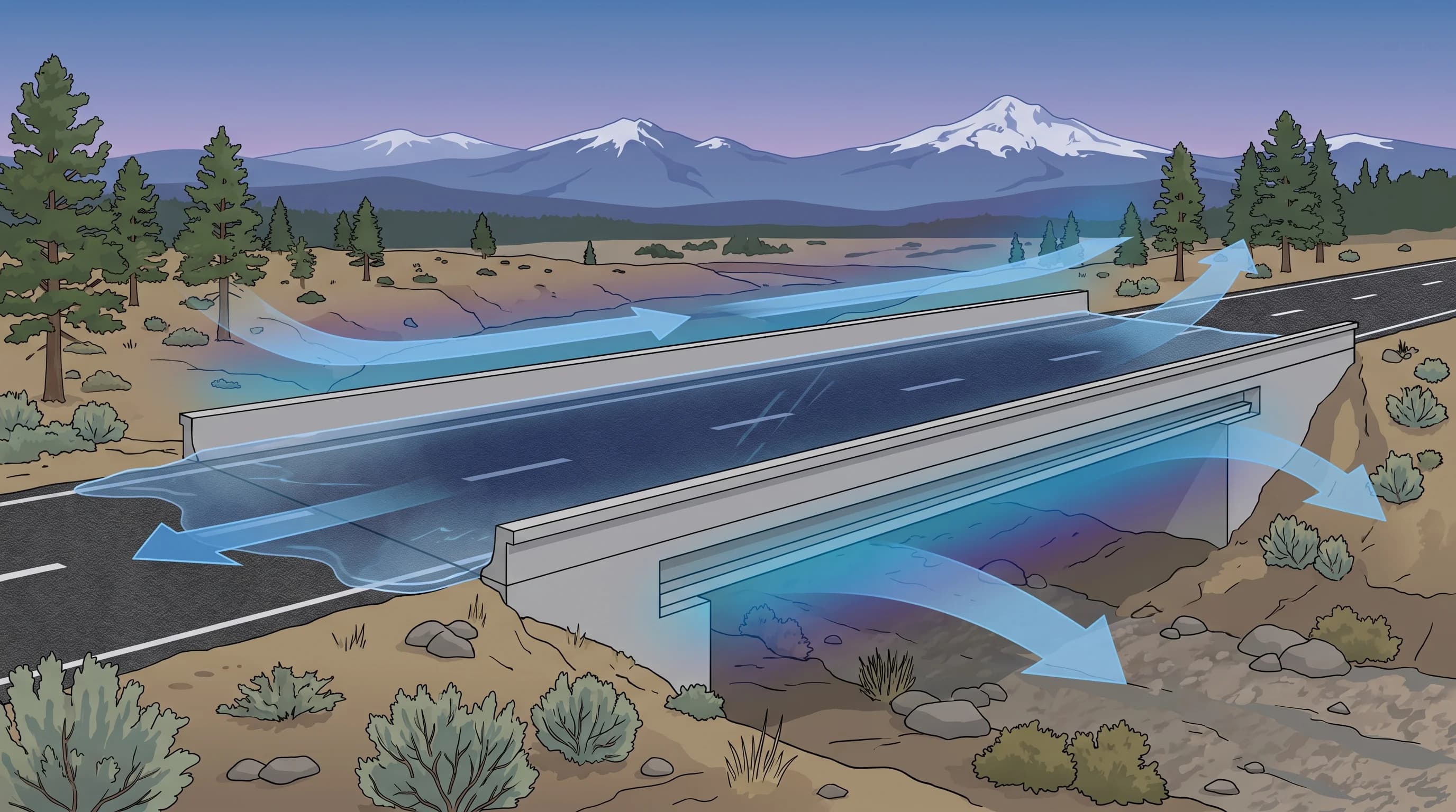 Diagram of black ice forming as a thin clear water film freezes on cold pavement, with bridges cooling from above and below