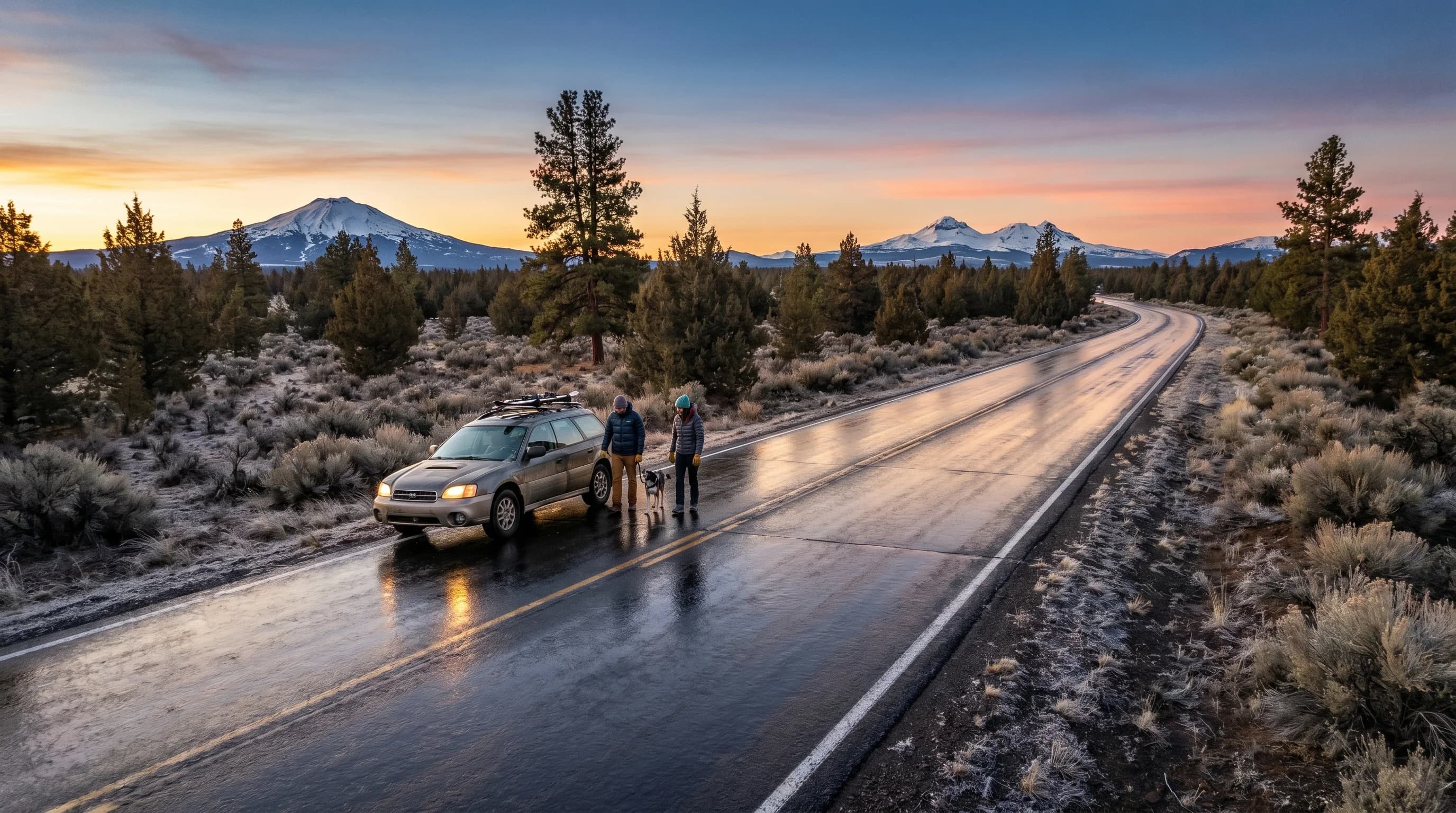 A wet-looking Central Oregon road at dawn that is actually glazed with invisible black ice