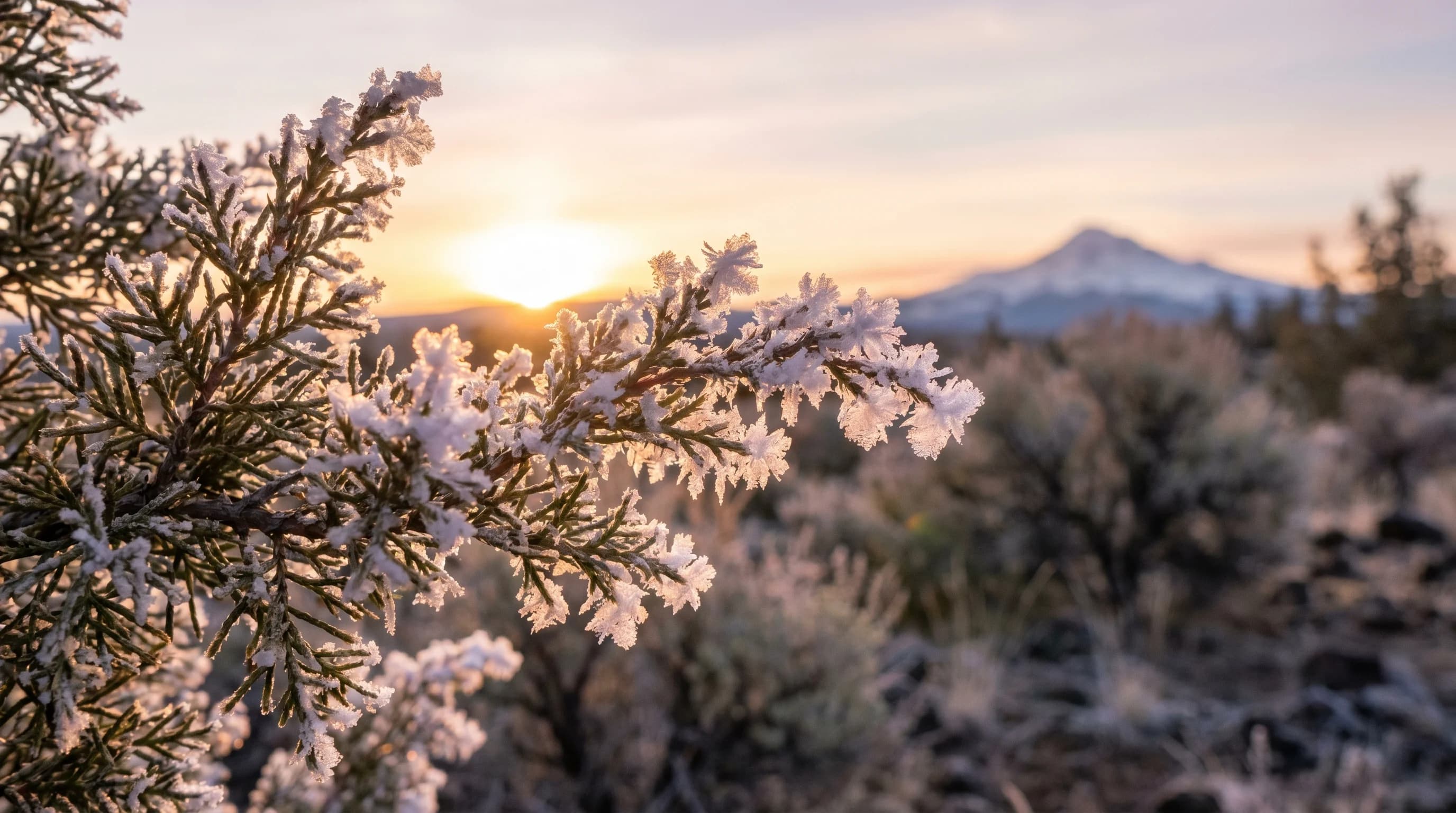 Macro view of feathery hoar frost crystals on a juniper branch at sunrise in the Central Oregon high desert
