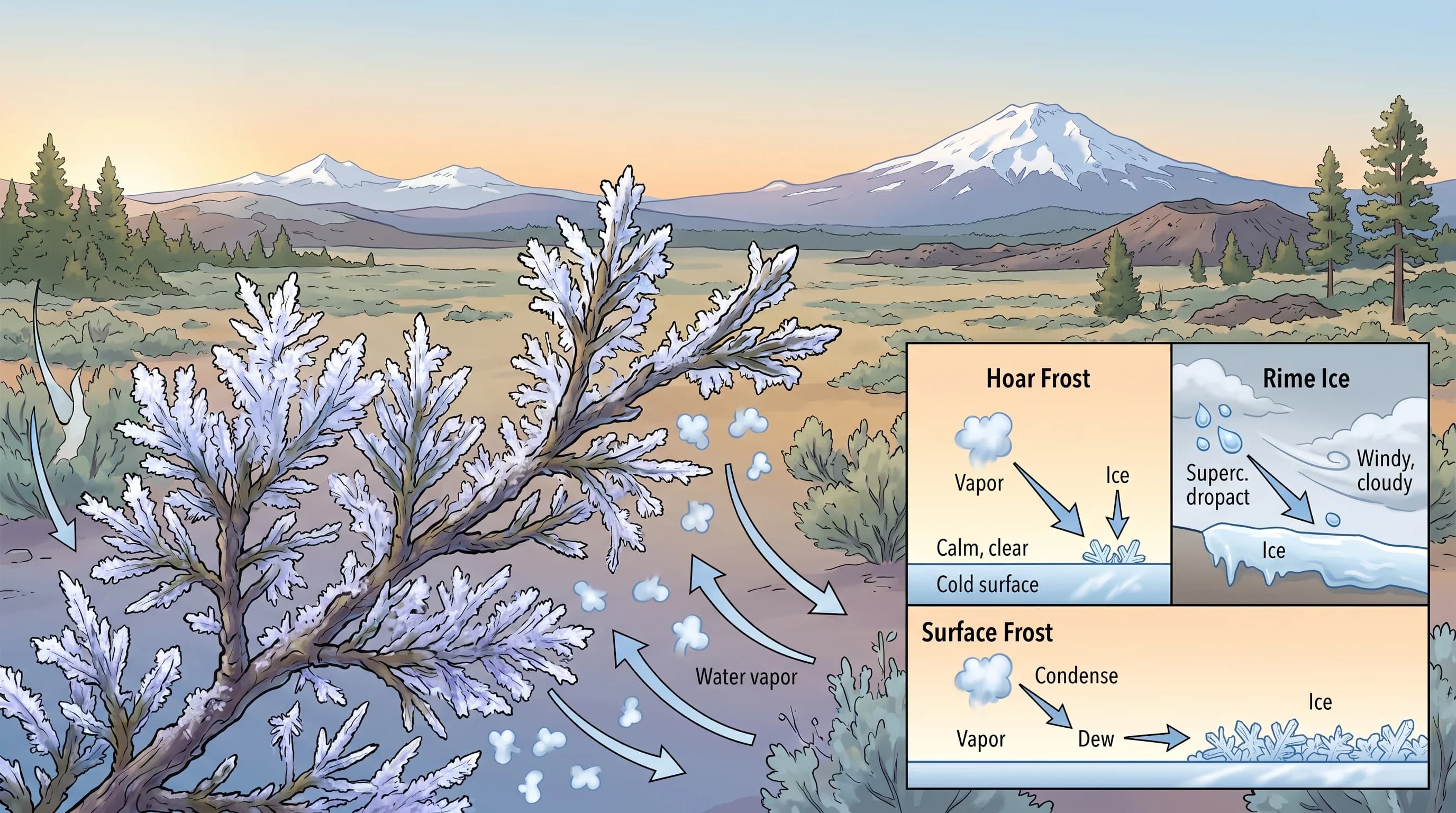 Side-by-side comparison of delicate feathery hoar frost and rough white rime ice