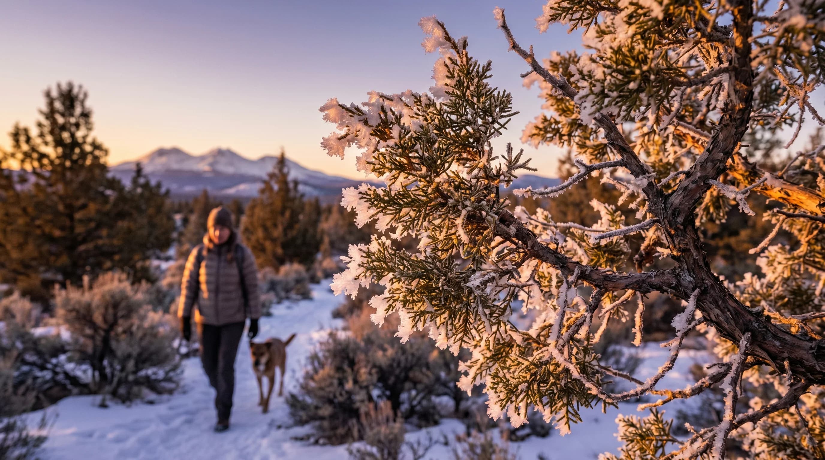 Feathery hoar frost crystals on a juniper branch at sunrise in the Central Oregon high desert
