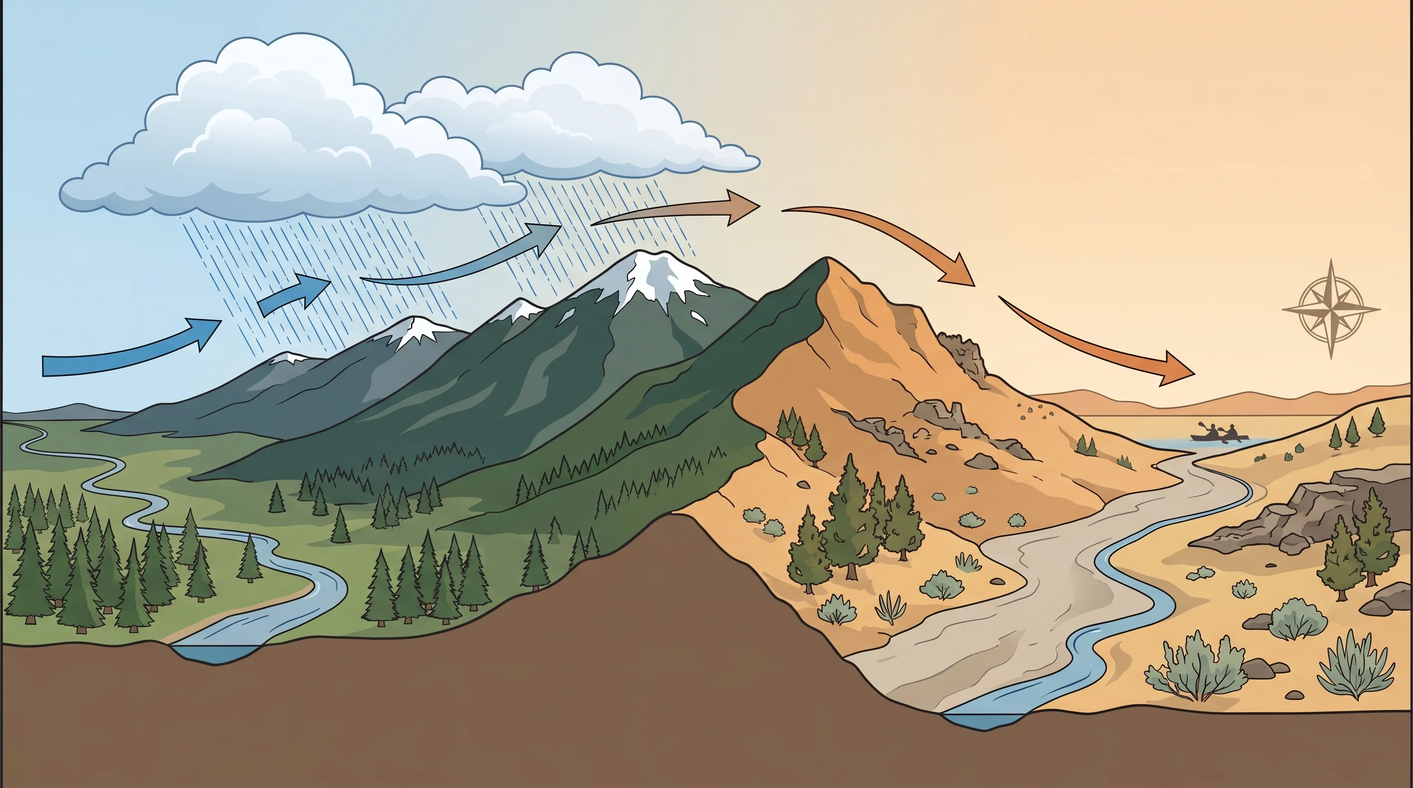 Cross-section diagram of orographic lift with moist air rising and raining on the windward slope and dry descending air on the leeward side