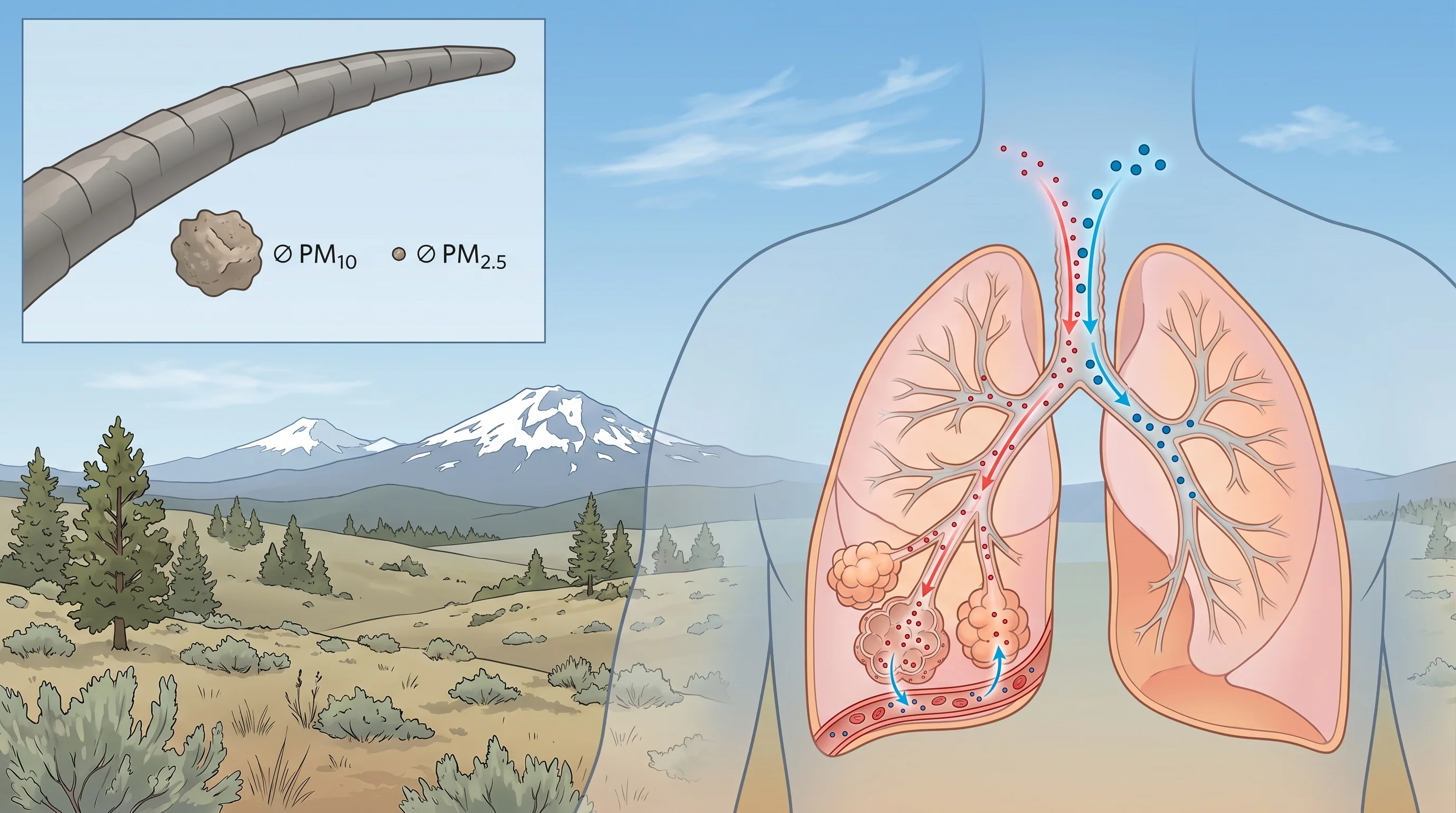 Scale diagram comparing a 2.5 micron particle to a human hair and a larger PM10 particle, with a lung cutaway showing fine particles reaching deep into the alveoli