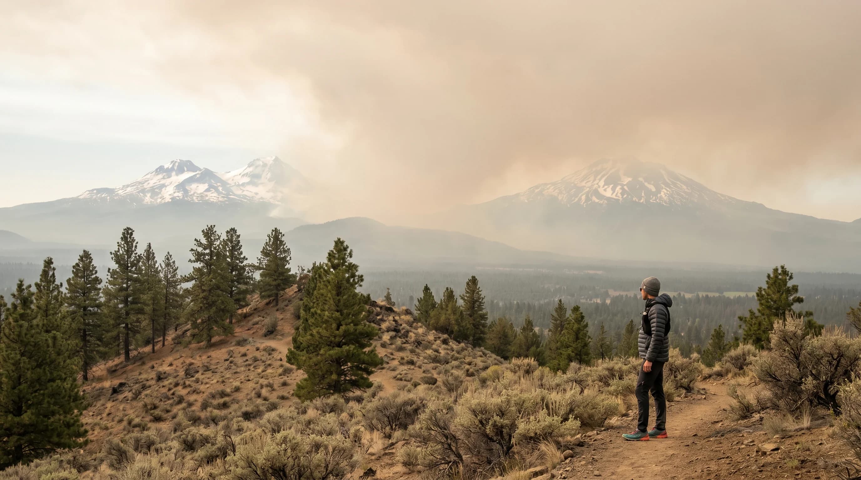 Wildfire smoke haze over the Central Oregon high desert with a dim orange sun and faint Cascade silhouette