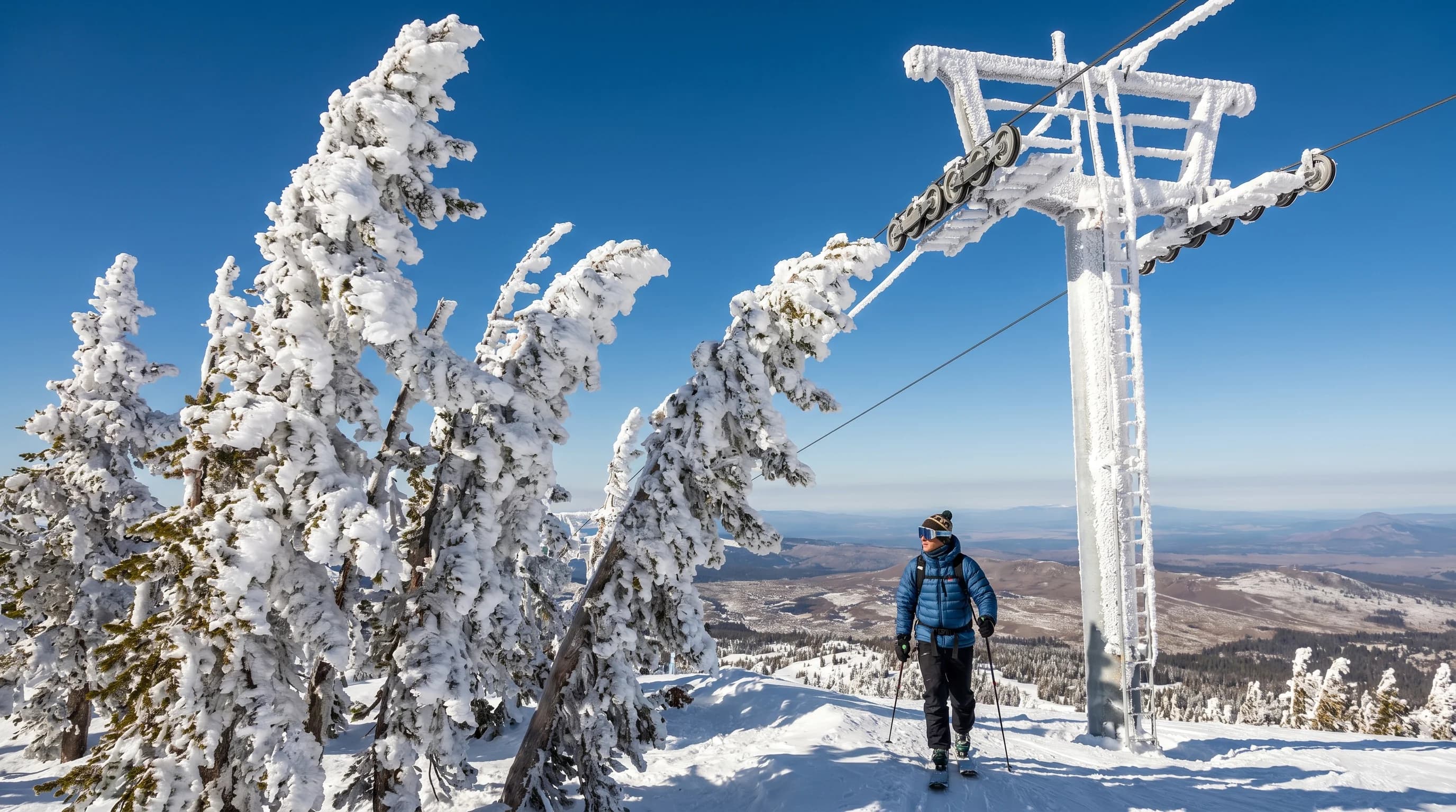 Mt. Bachelor summit pines and a lift tower caked in thick white rime ice against a blue sky, buildup heavier on one side