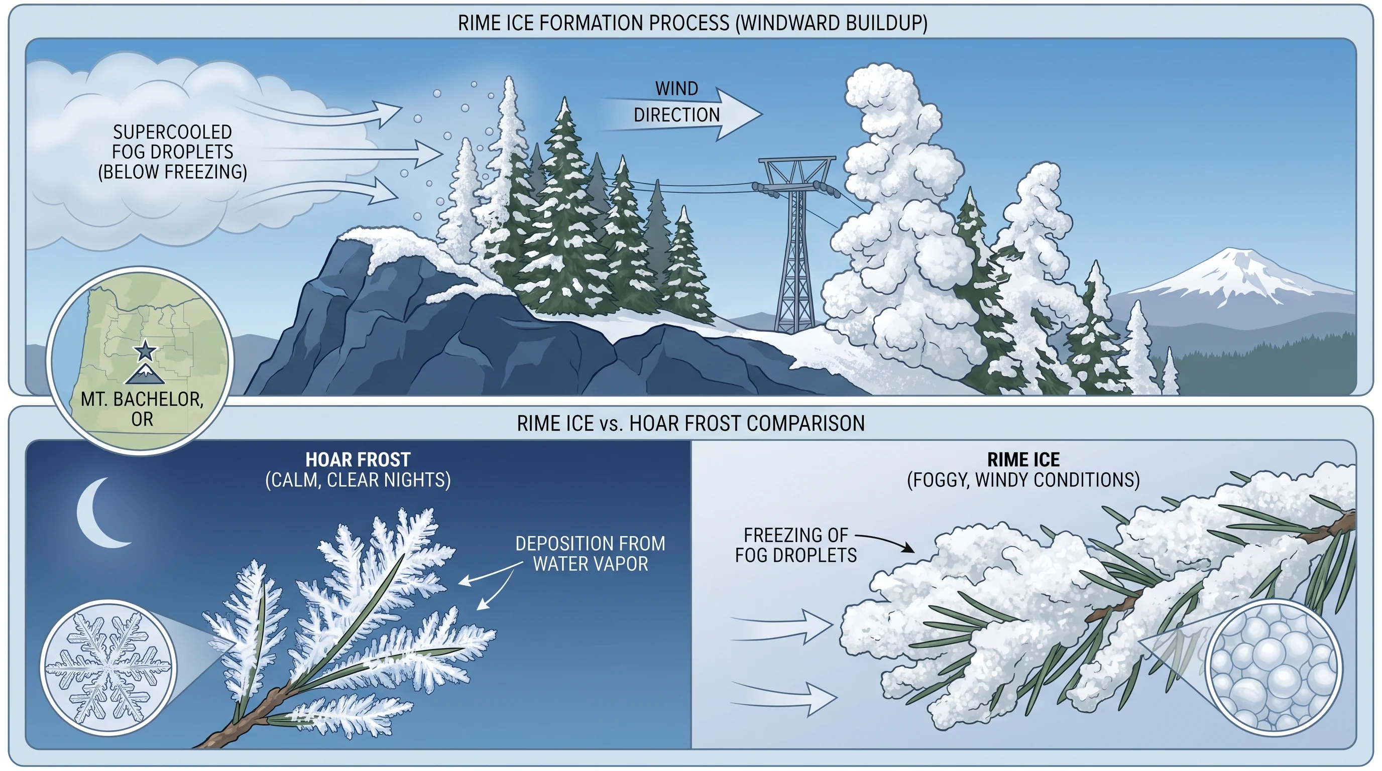 Side-by-side comparison of rough one-sided rime ice and delicate even hoar frost