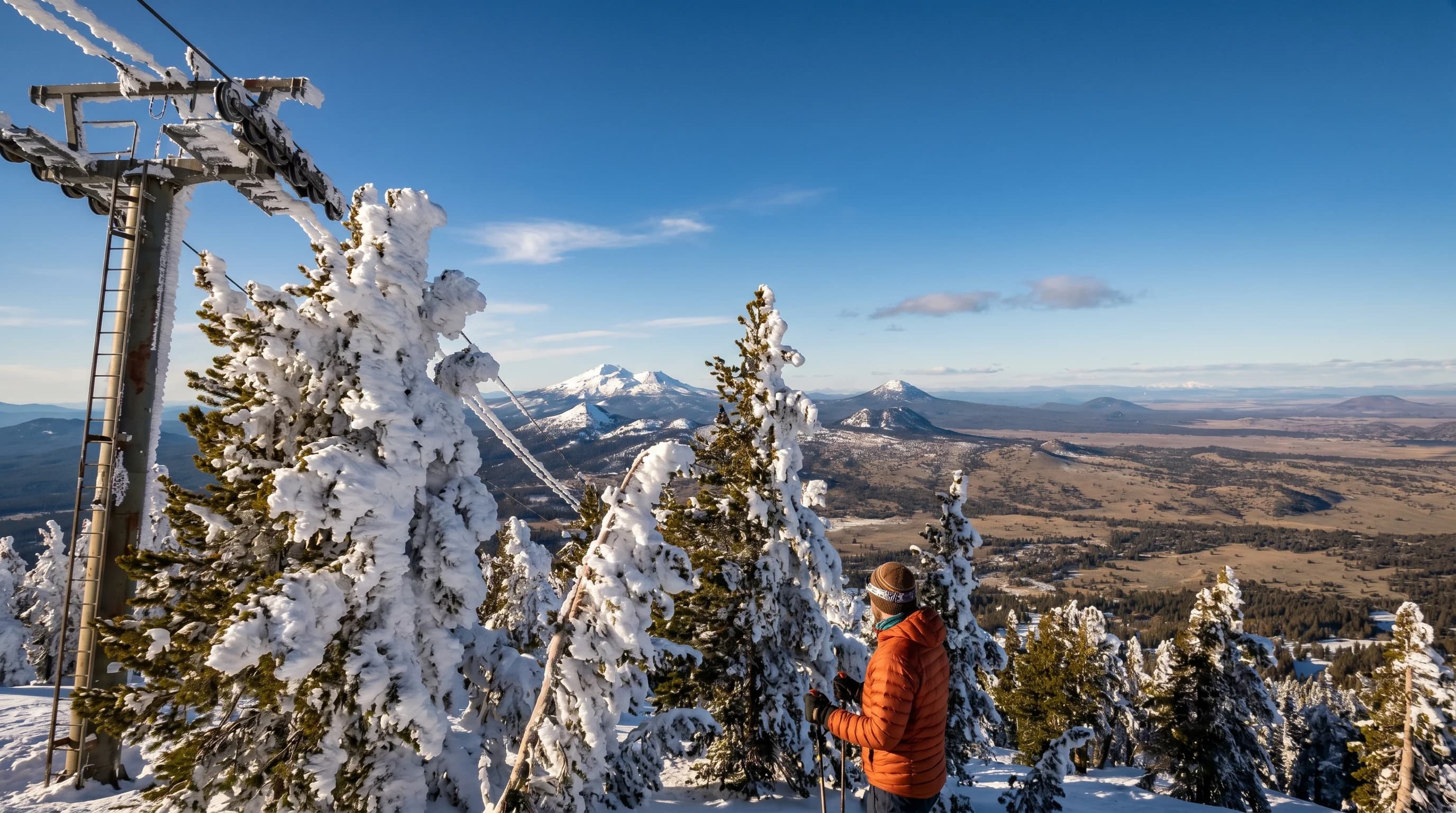 Mt. Bachelor summit pines and a lift tower caked in thick white rime ice against a blue sky