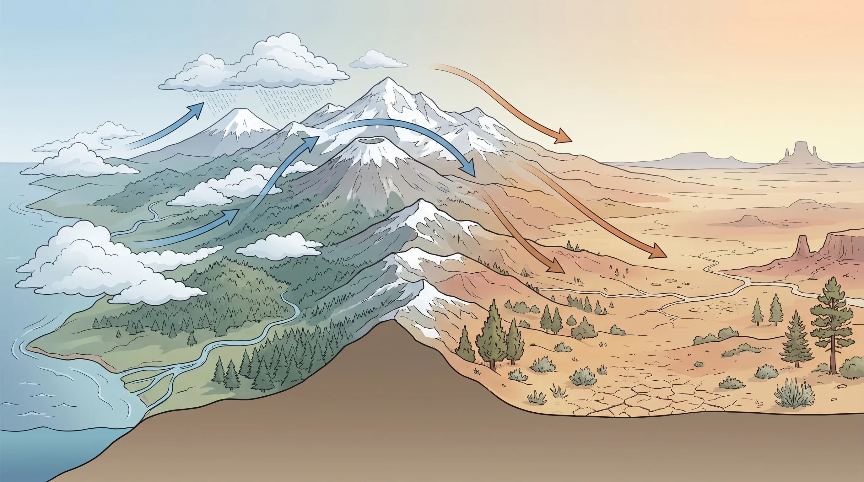 A cross-section view of the Cascades with wet green western slopes and the dry high desert to the east