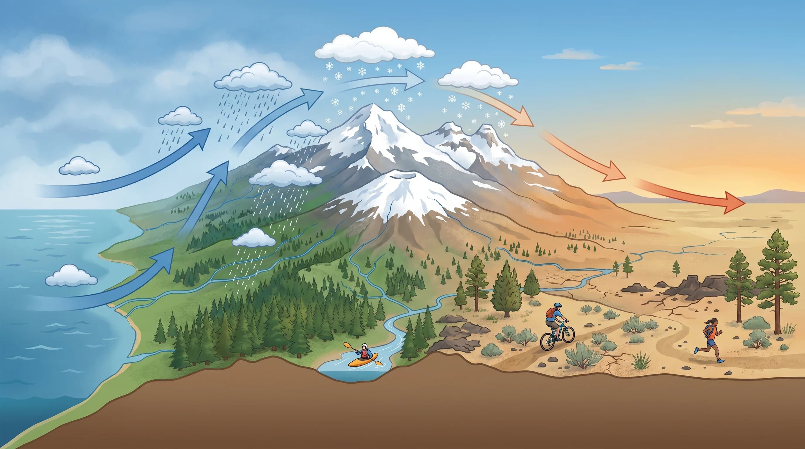 Diagram of orographic lift over the Cascades: moist air rises and rains on the west, dry air descends on the east
