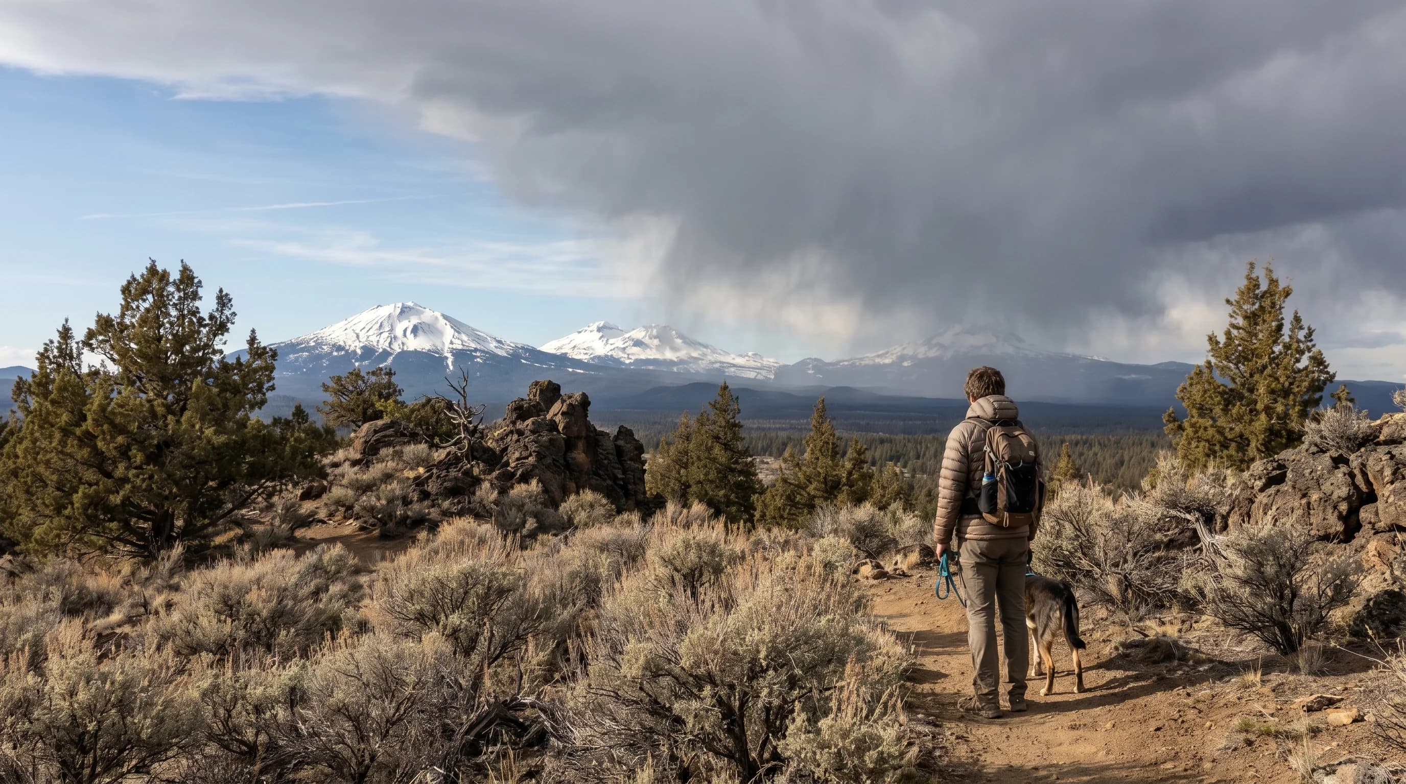 A cross-section view of the Cascades with wet green western slopes and the dry high desert to the east