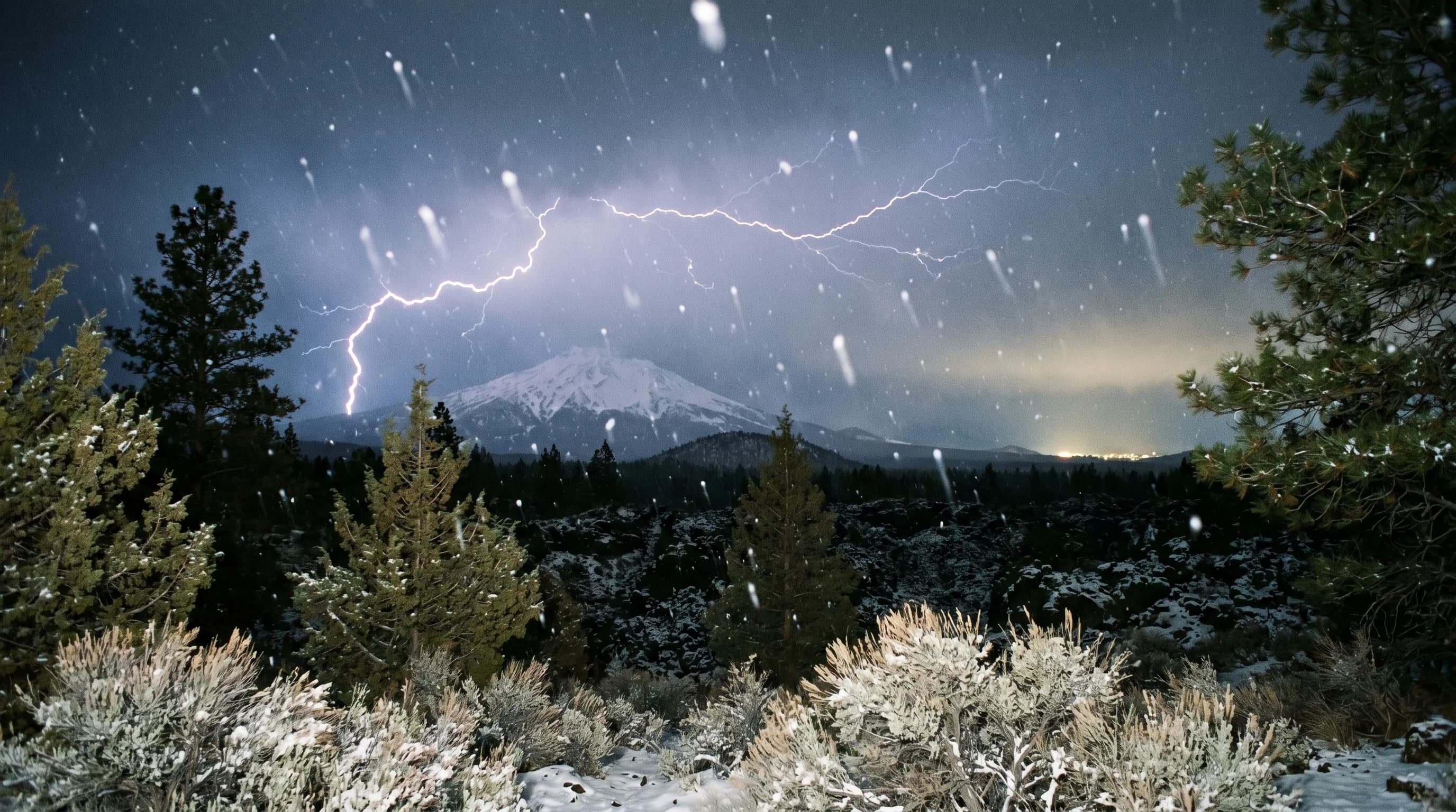 Lightning flashing through heavy falling snow at night over a Cascade peak during thundersnow