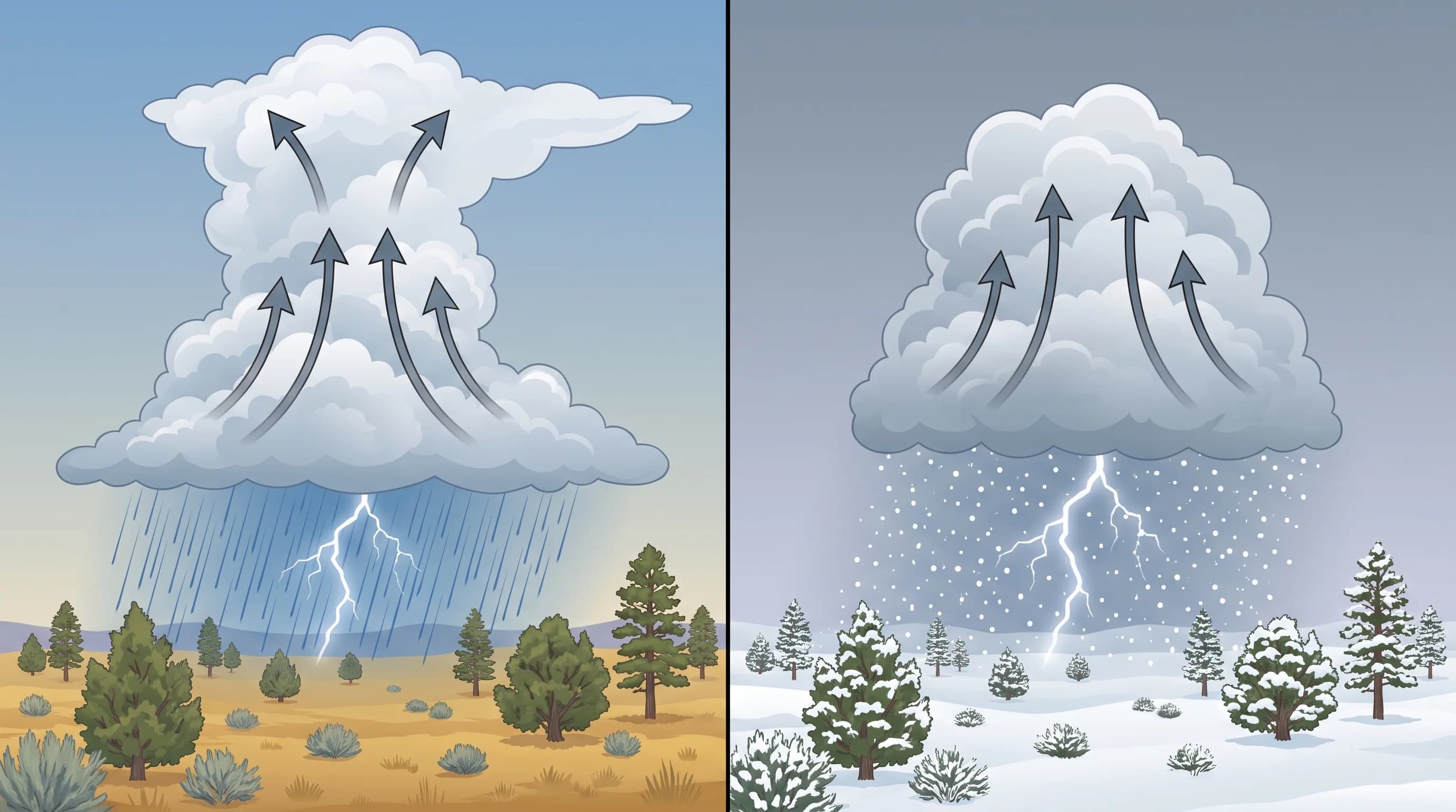 Comparison of a summer thunderstorm and thundersnow, showing the same convection with rain versus snow