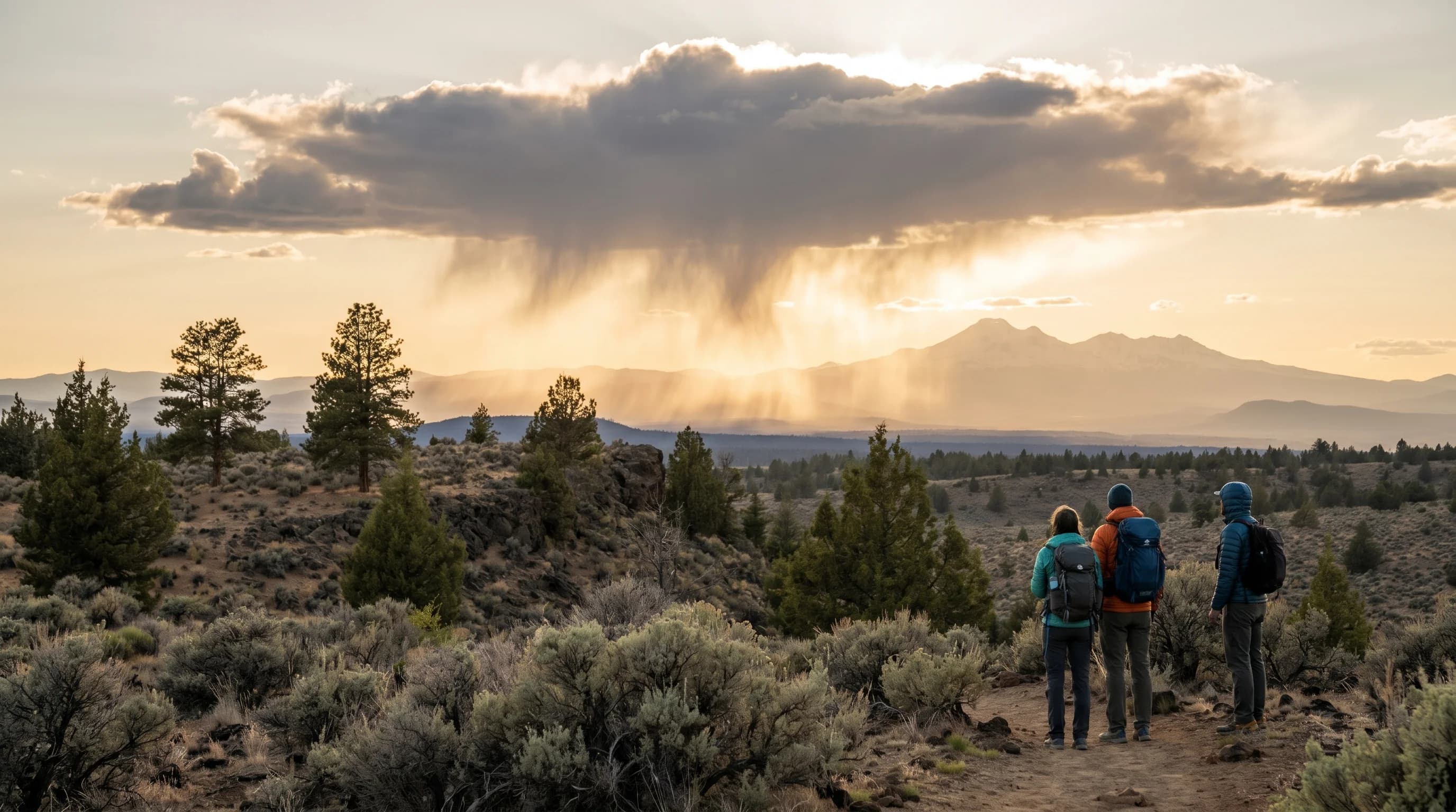Wispy virga streaks of evaporating rain trailing from a cloud at sunset over a dry high-desert landscape
