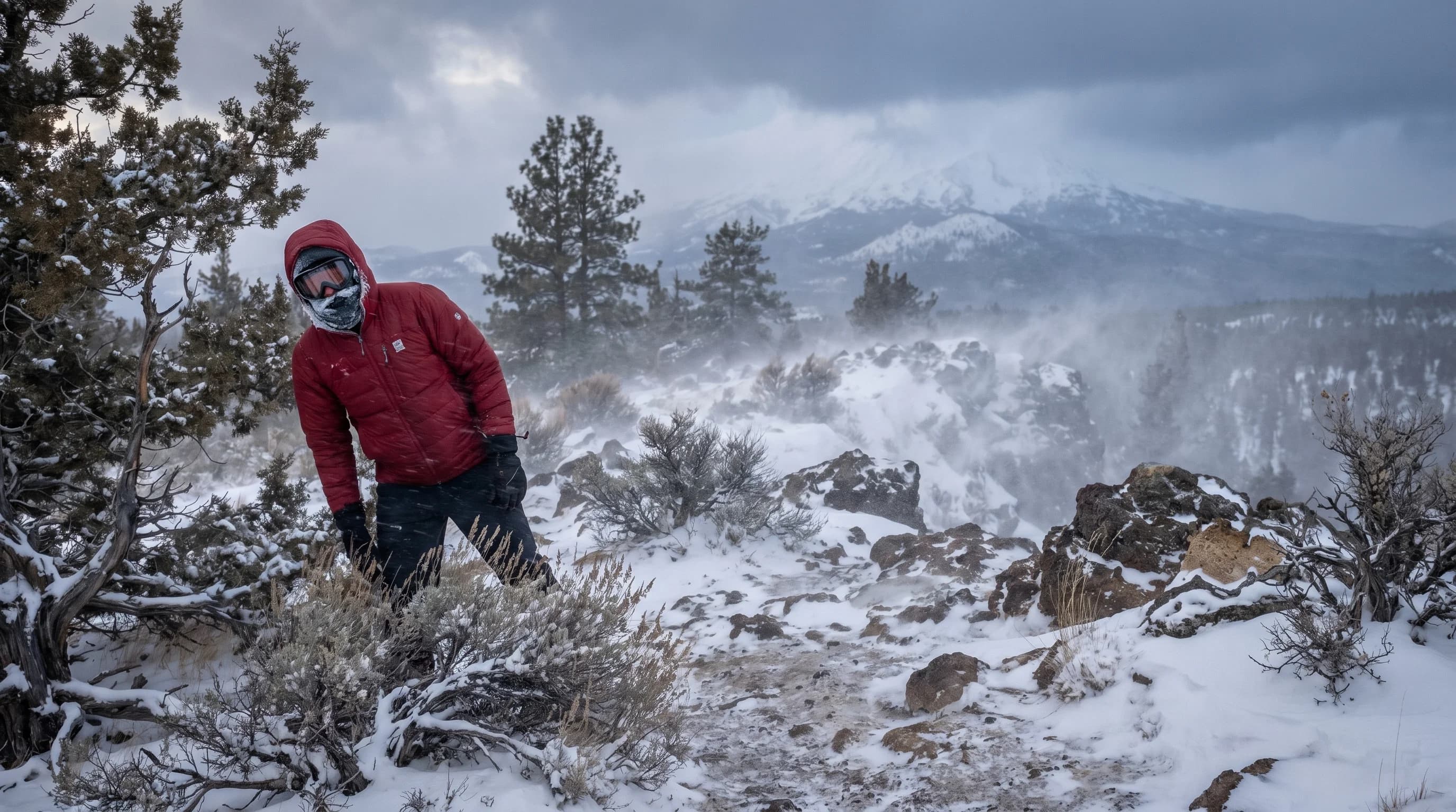 A bundled person leaning into blowing wind and snow on an exposed Central Oregon ridge