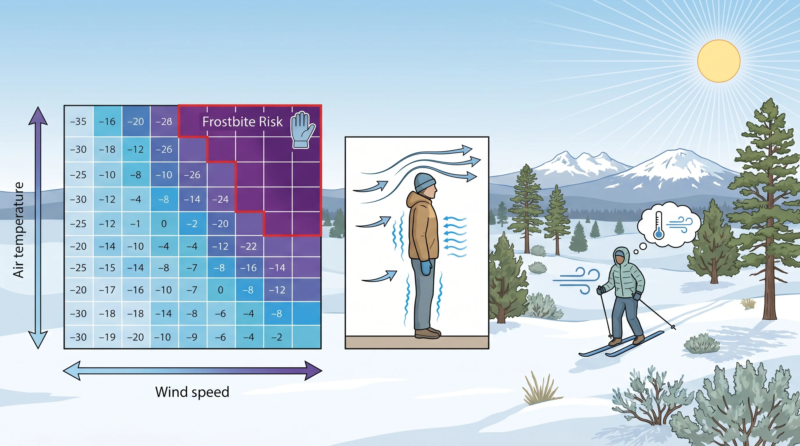 Wind chill chart showing feels-like temperatures and frostbite risk by temperature and wind speed